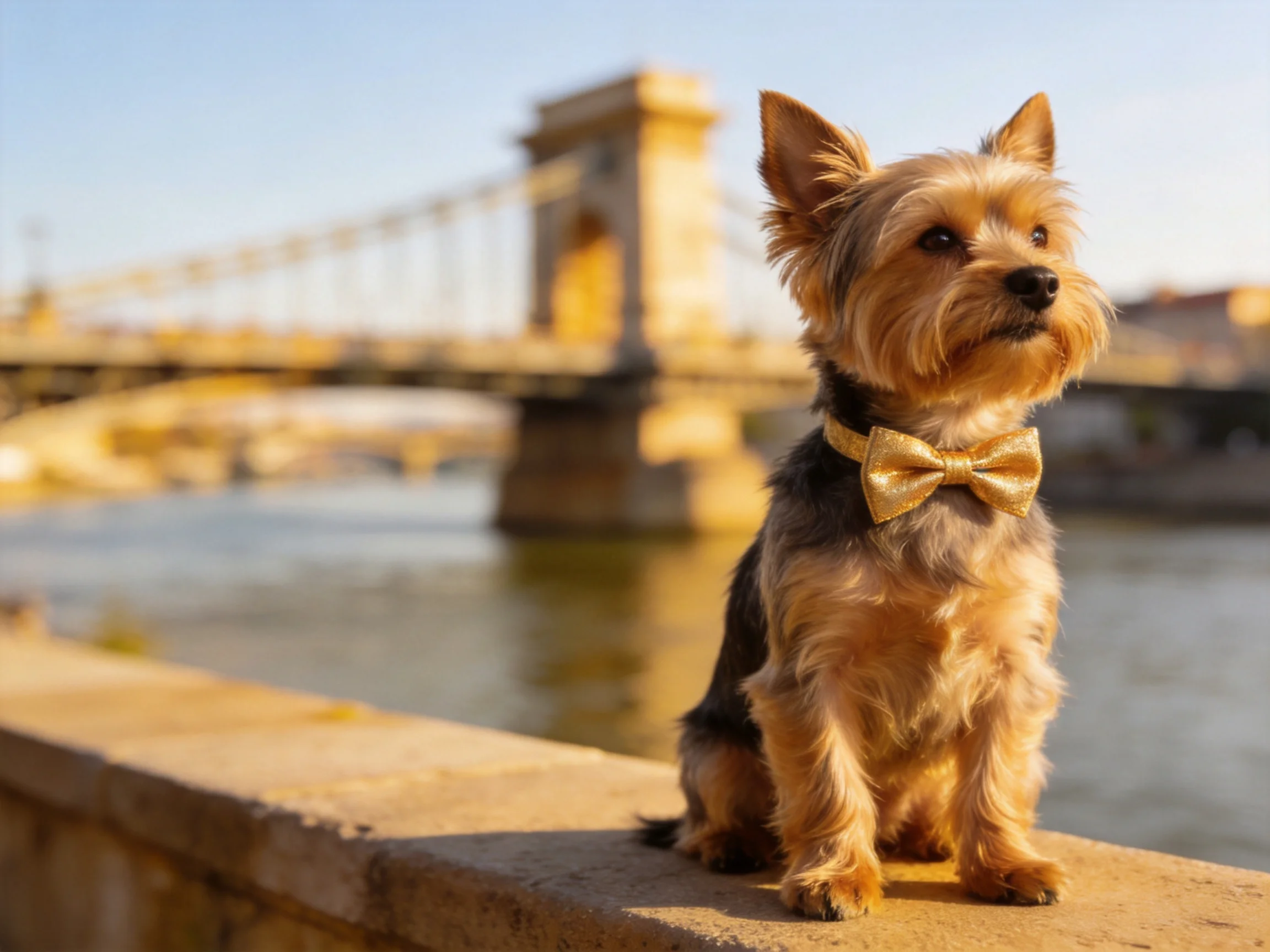 A small dog with a gold bow tie sits by a historic bridge over water
