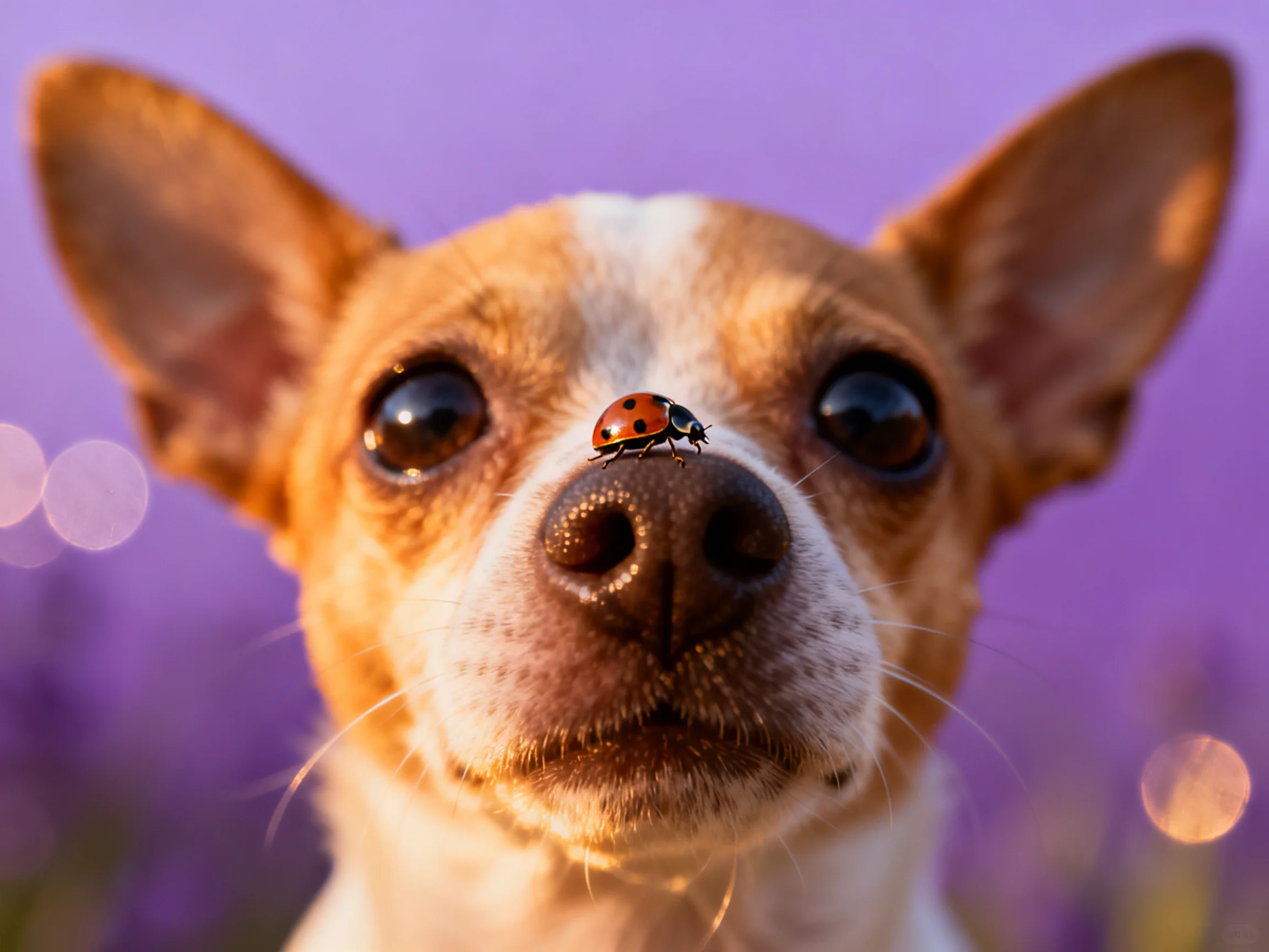 A small dog has a ladybug on its nose in a softly lit outdoor scene.