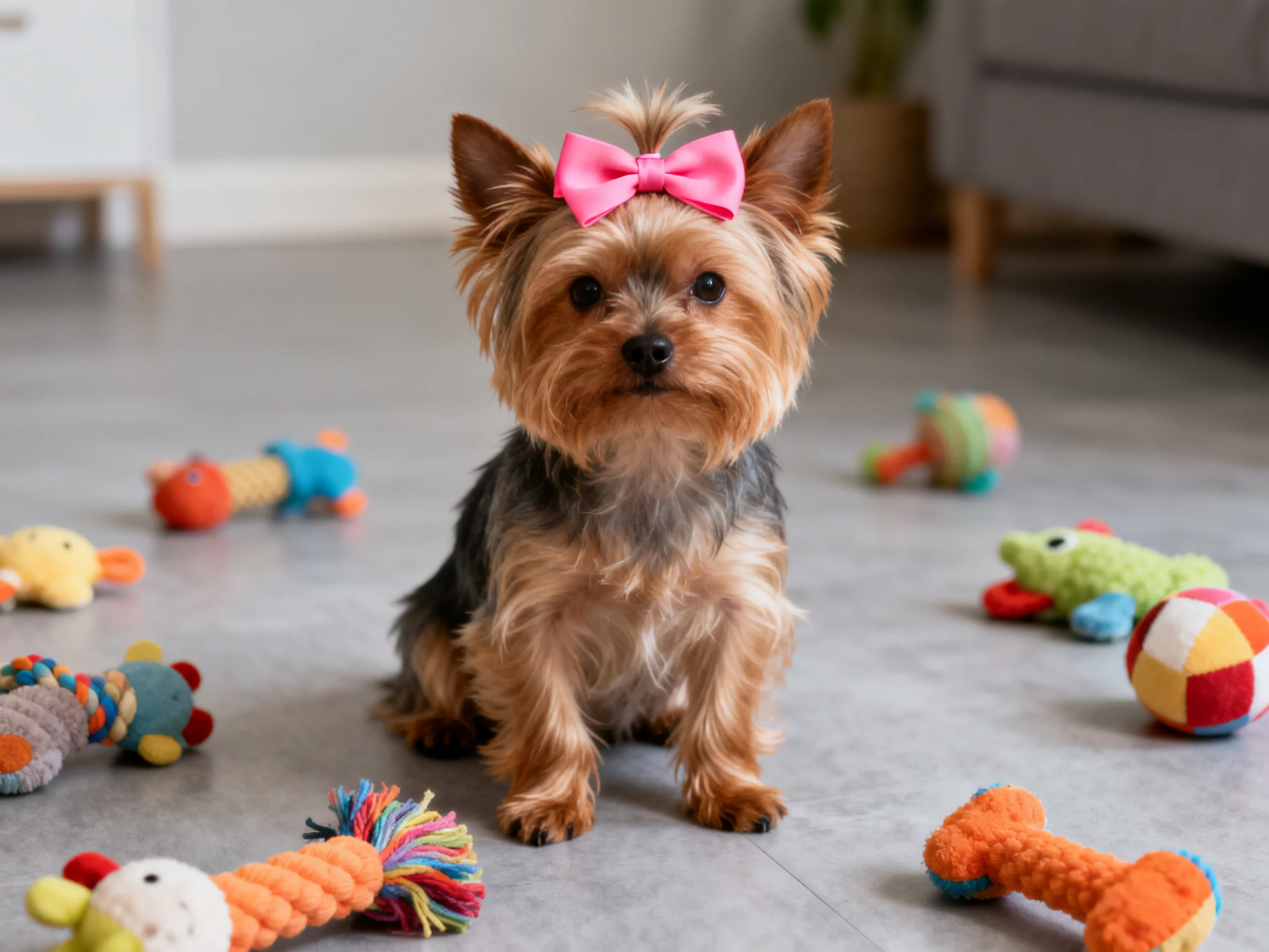 A small dog with a pink bow sits among eight colorful plush toys