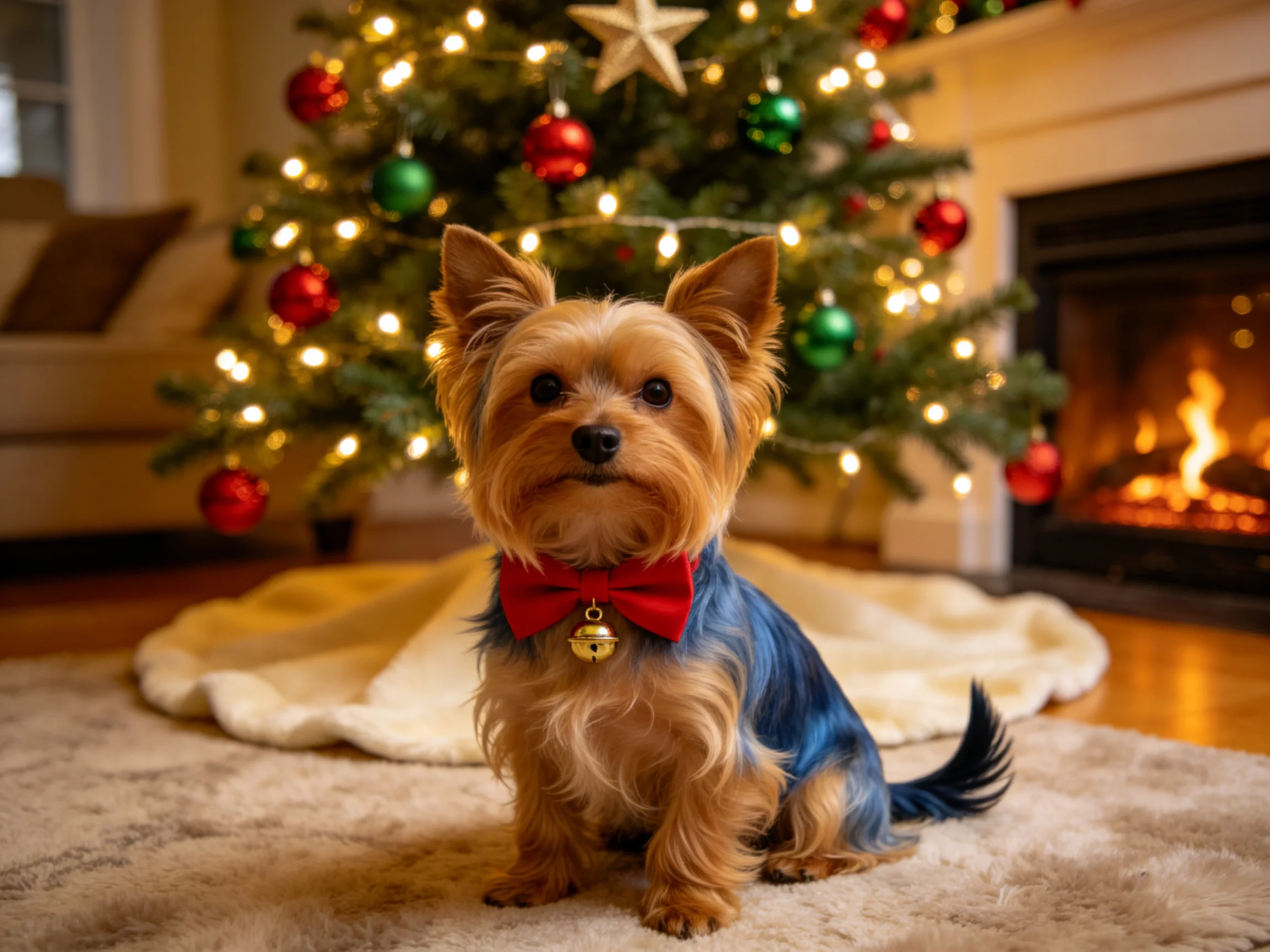 A small dog with a red bow sits by a decorated Christmas tree