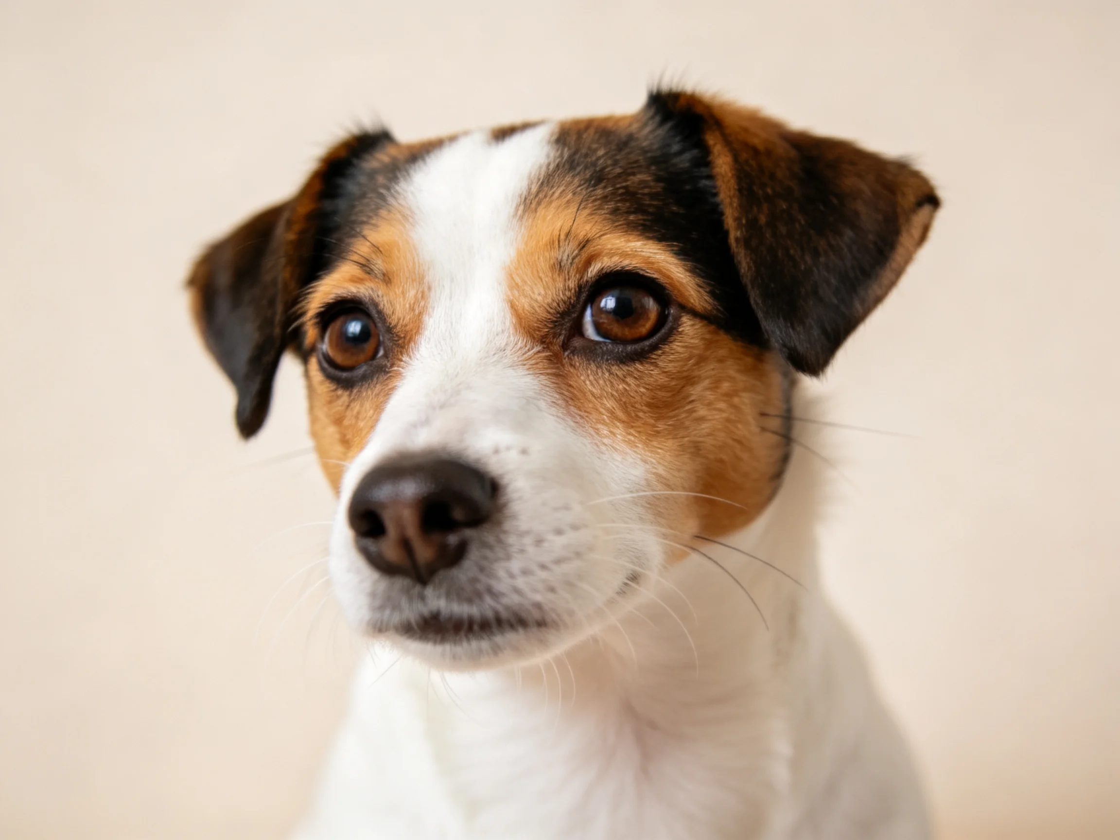 A close-up view of a small dog with distinct color patterns.