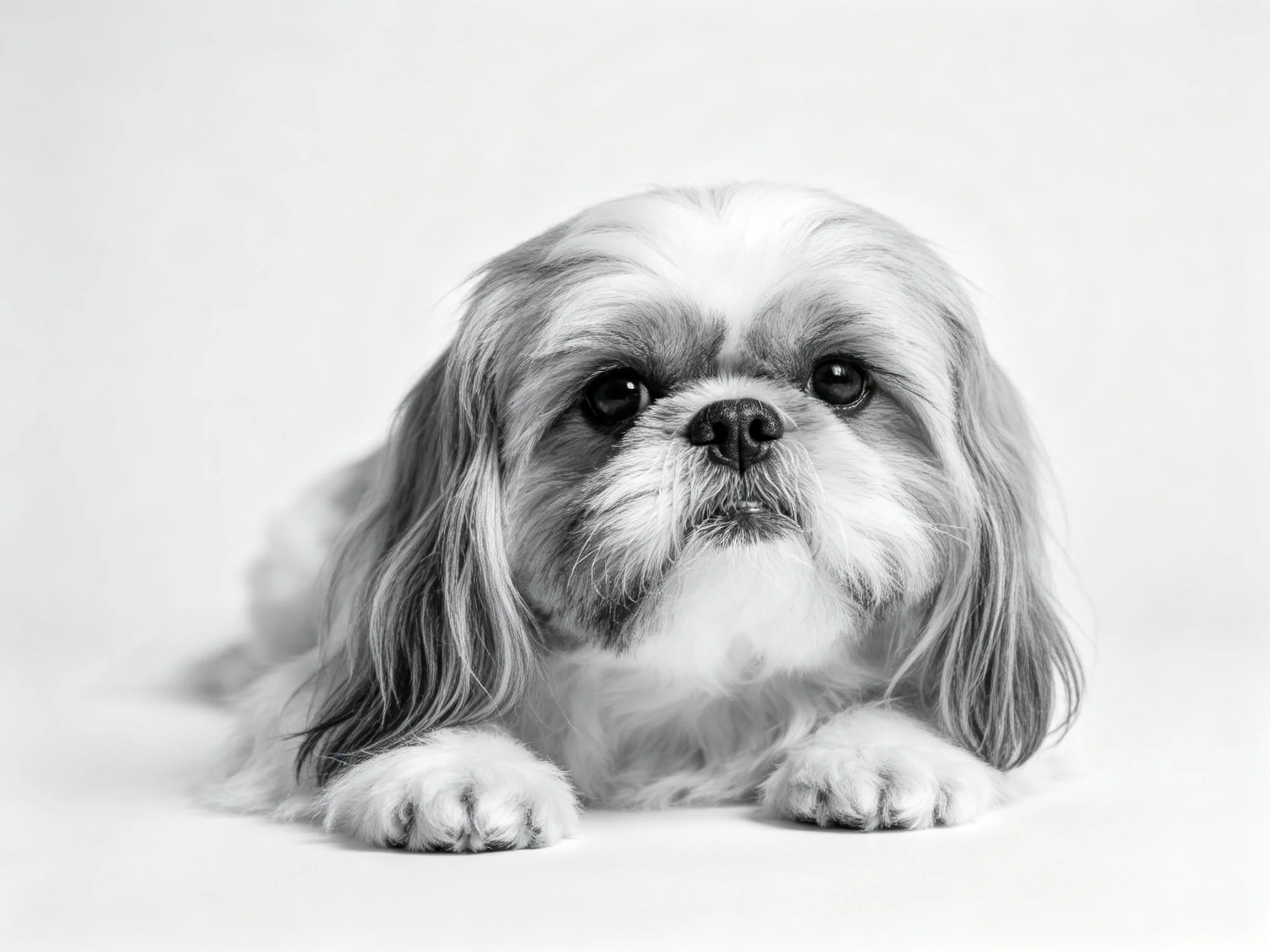 A small dog with long, shaggy fur resting on a white background