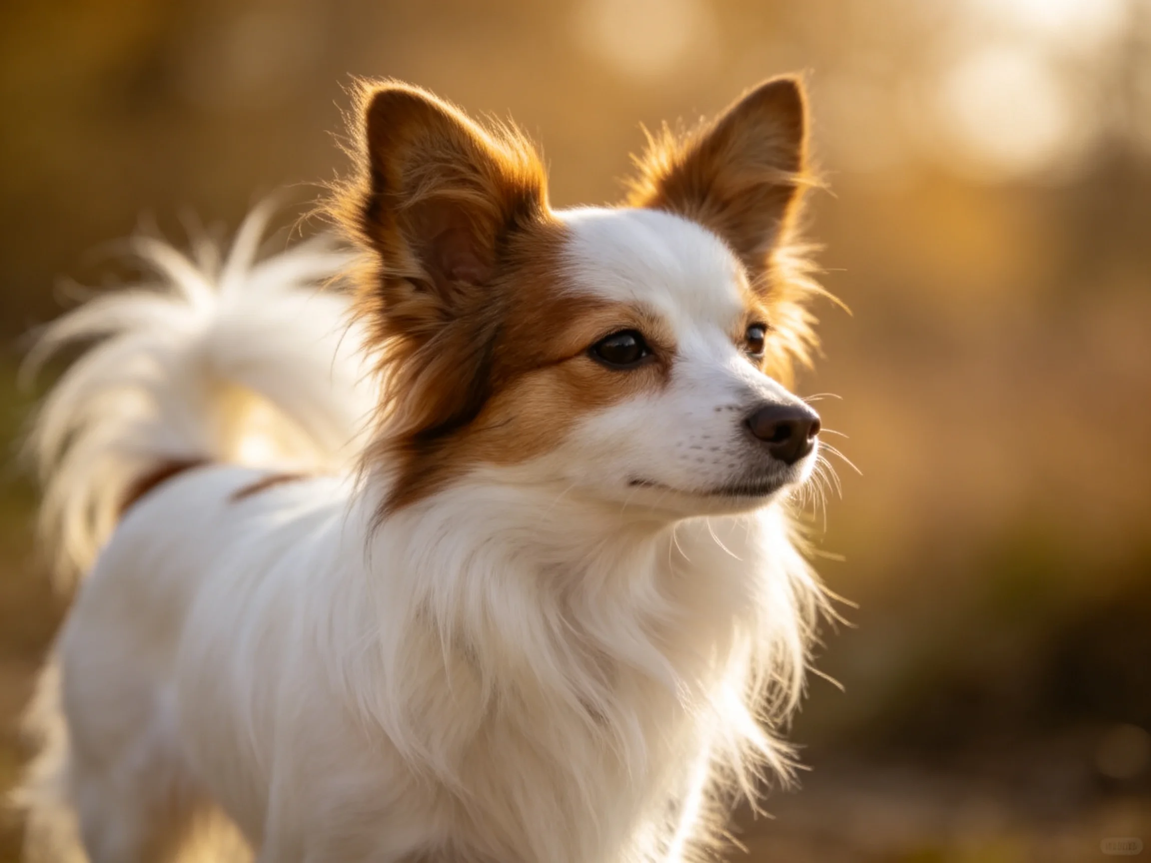 A small dog with white and brown fur stands alert in a sunlit outdoor area.
