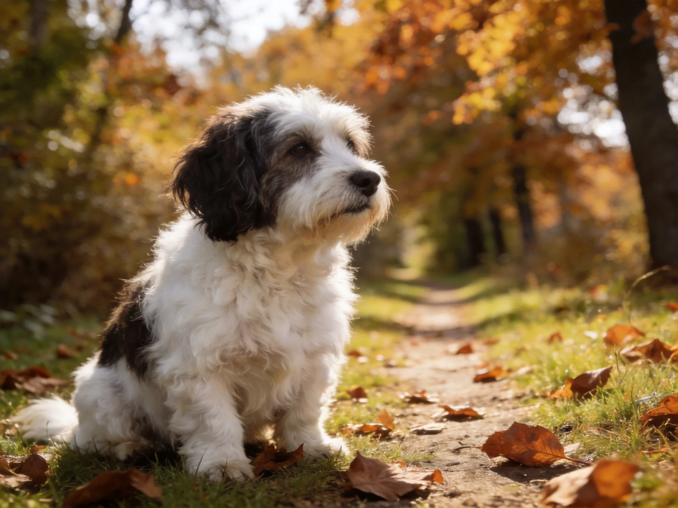 A small dog with white and brown fur rests on a leafy dirt path in an autumn forest.