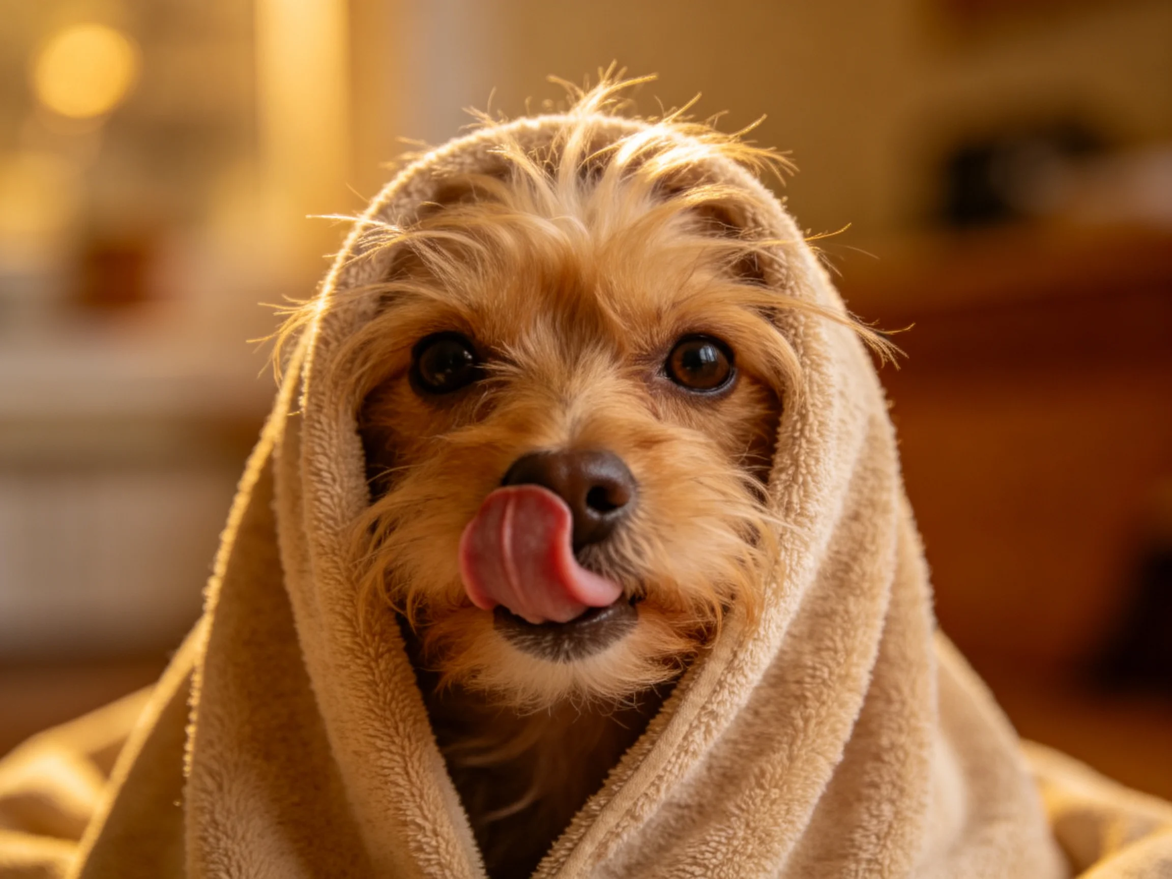 A small dog wrapped in a beige towel, tongue out
