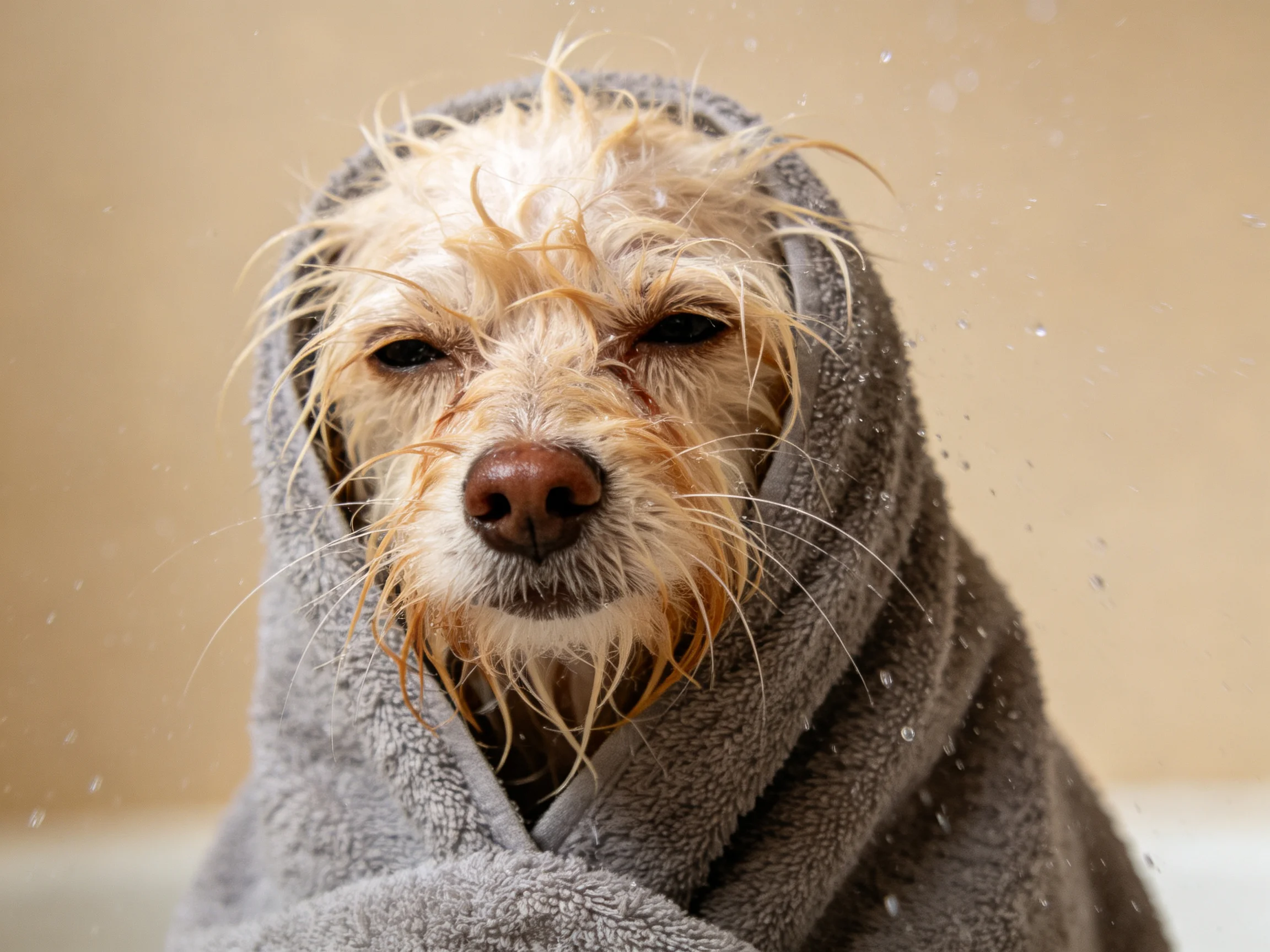 A small dog wrapped in a gray towel after bath