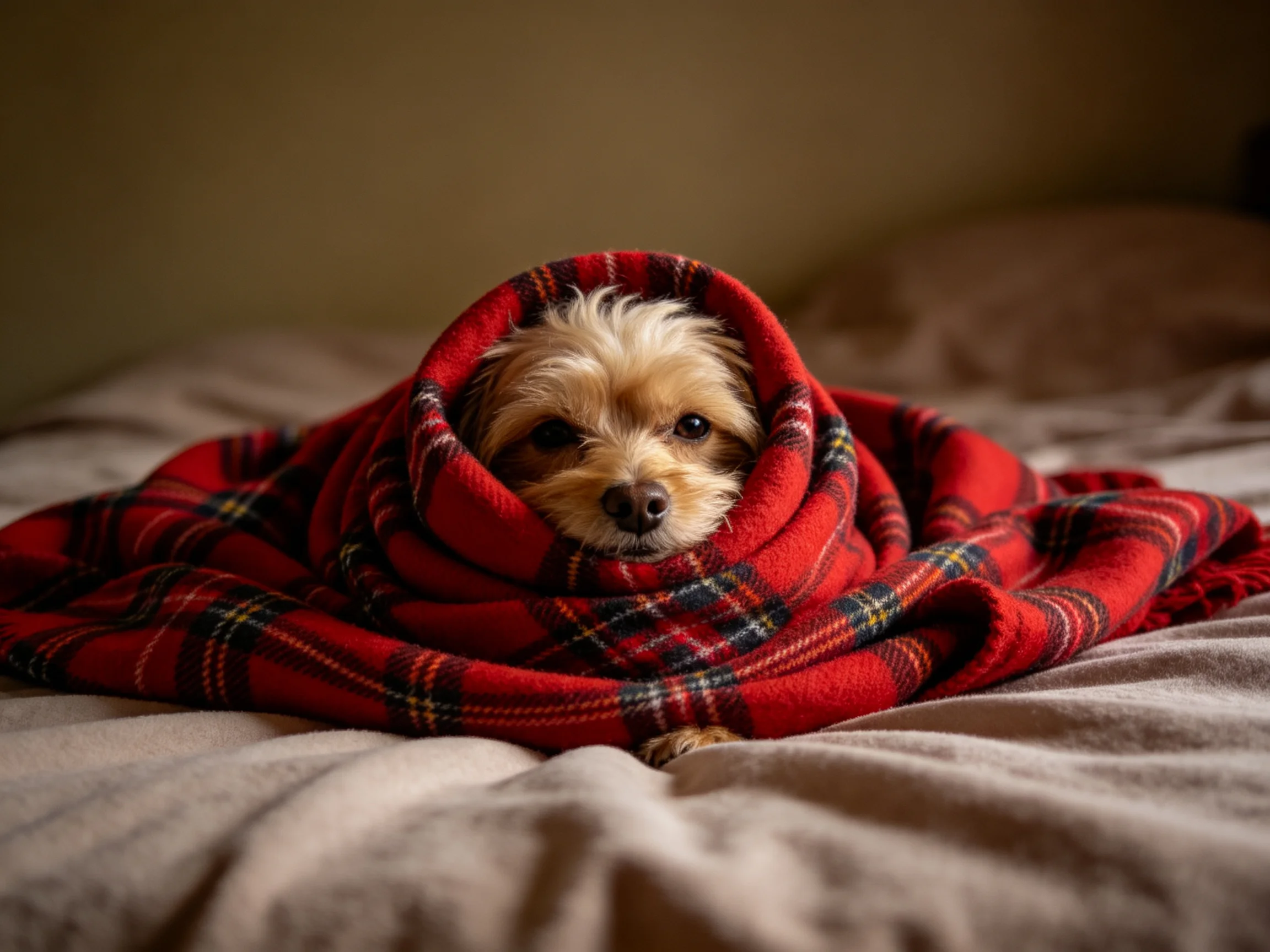 A small dog wrapped in a vibrant red plaid blanket on a bed