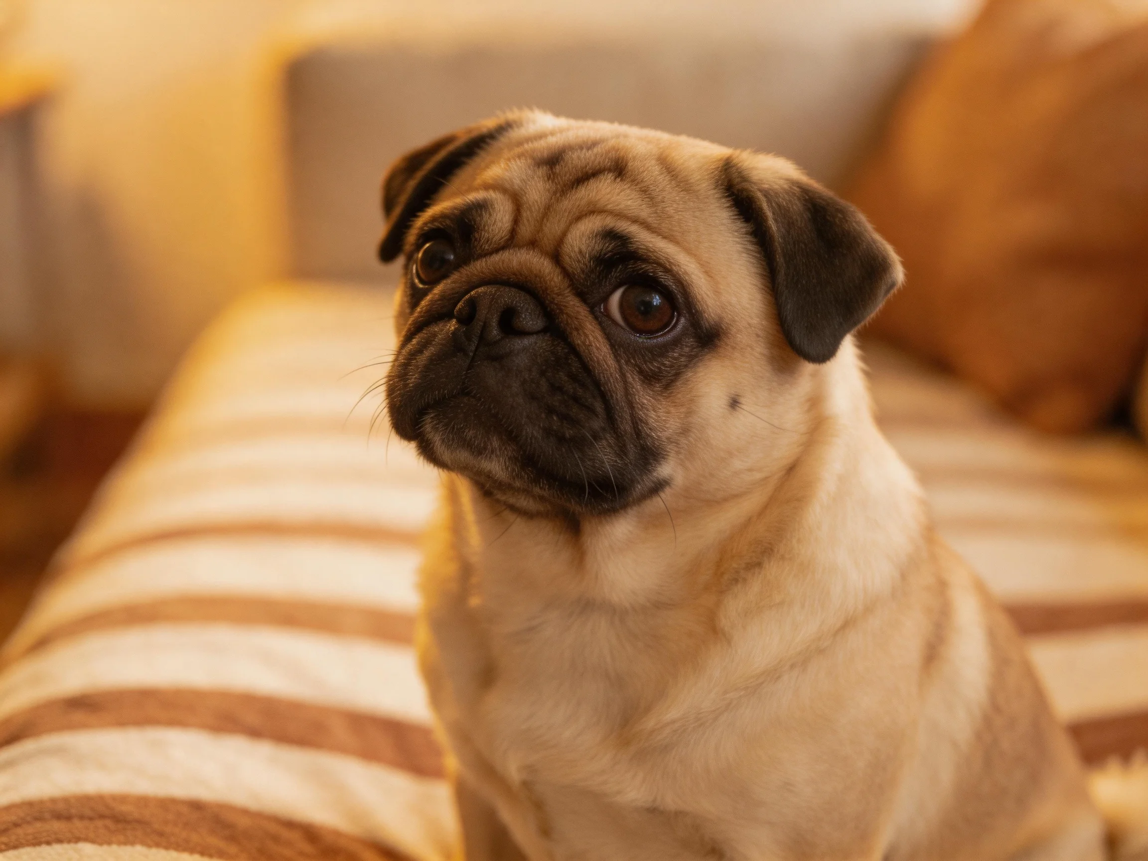 A small fawn-colored pug sits on striped furniture