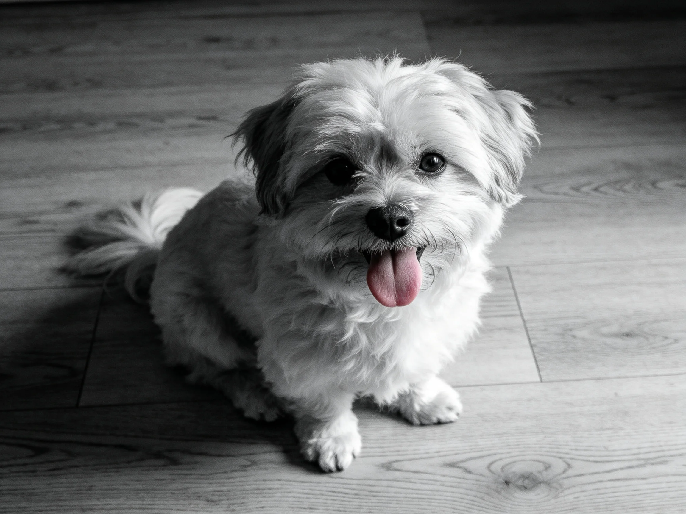 A small dog sits on a wooden floor with tongue out
