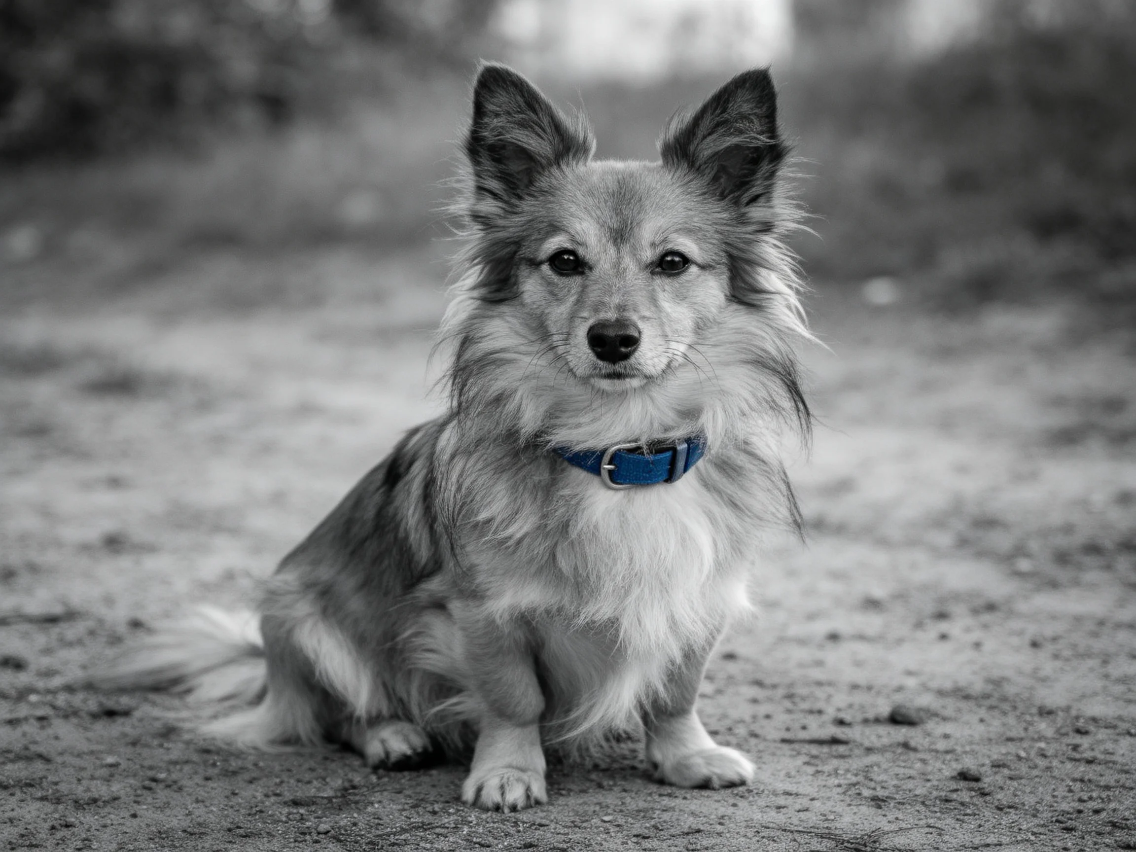 A small fluffy dog with a blue collar sits on a dirt path.