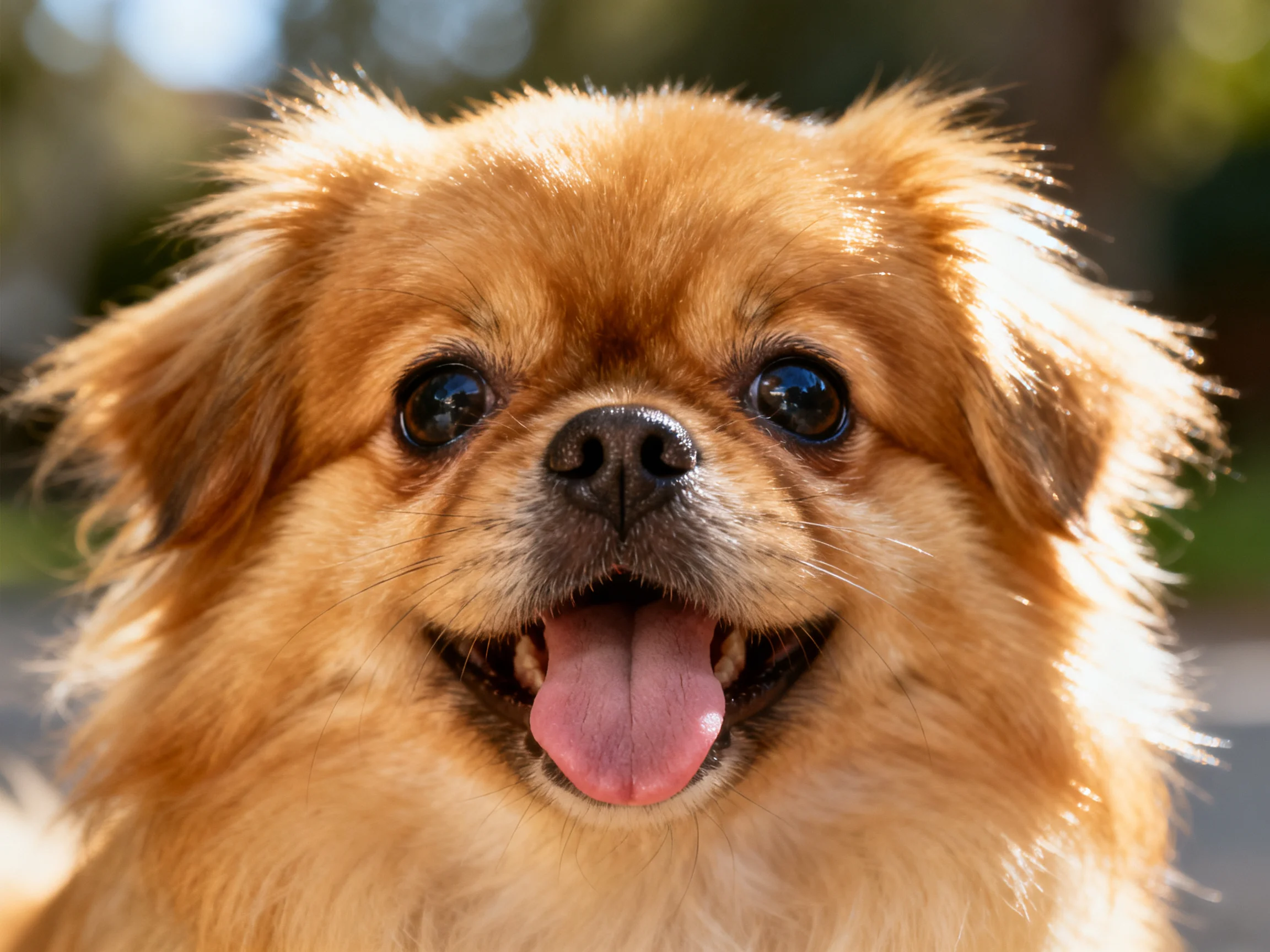 A small tan dog with bright eyes and a happy expression stands outdoors.