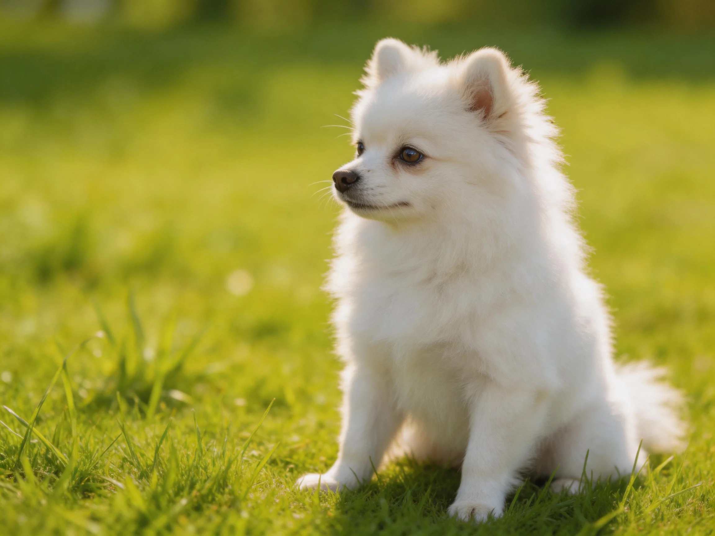 A small fluffy white Pomeranian sits on lush green grass