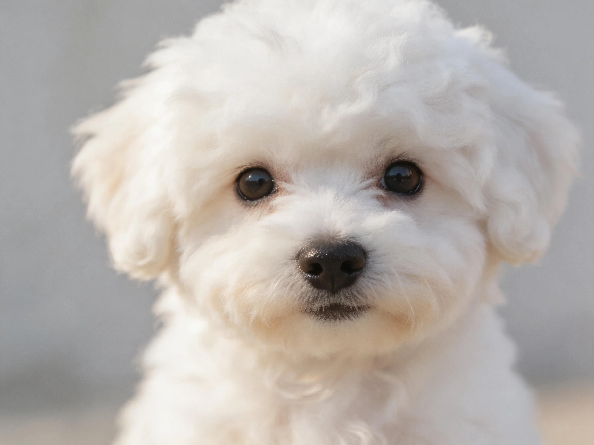 A close - up of a small, fluffy white dog with dark eyes.