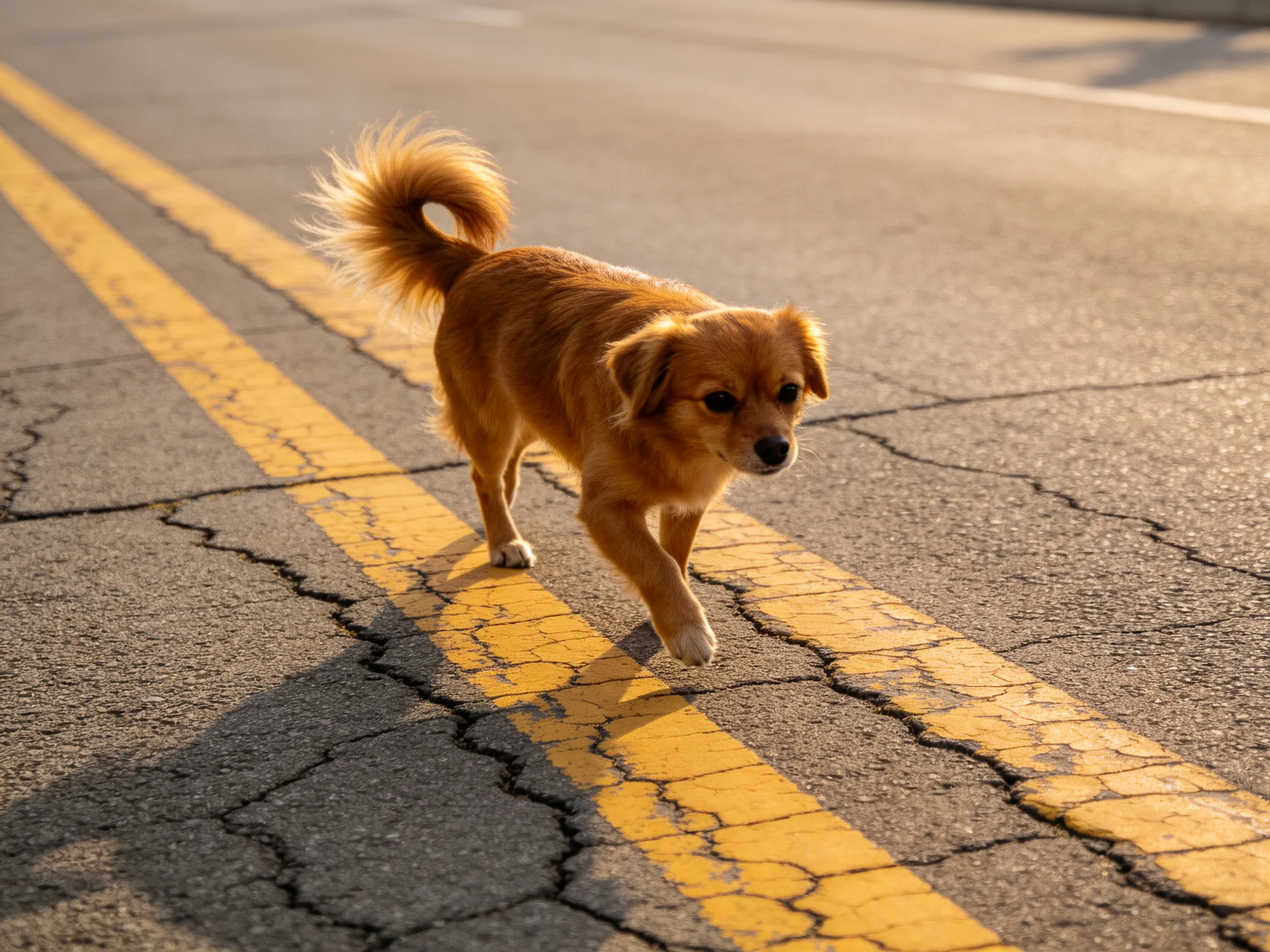 A small golden-brown dog crosses a cracked asphalt road with bright yellow double lines