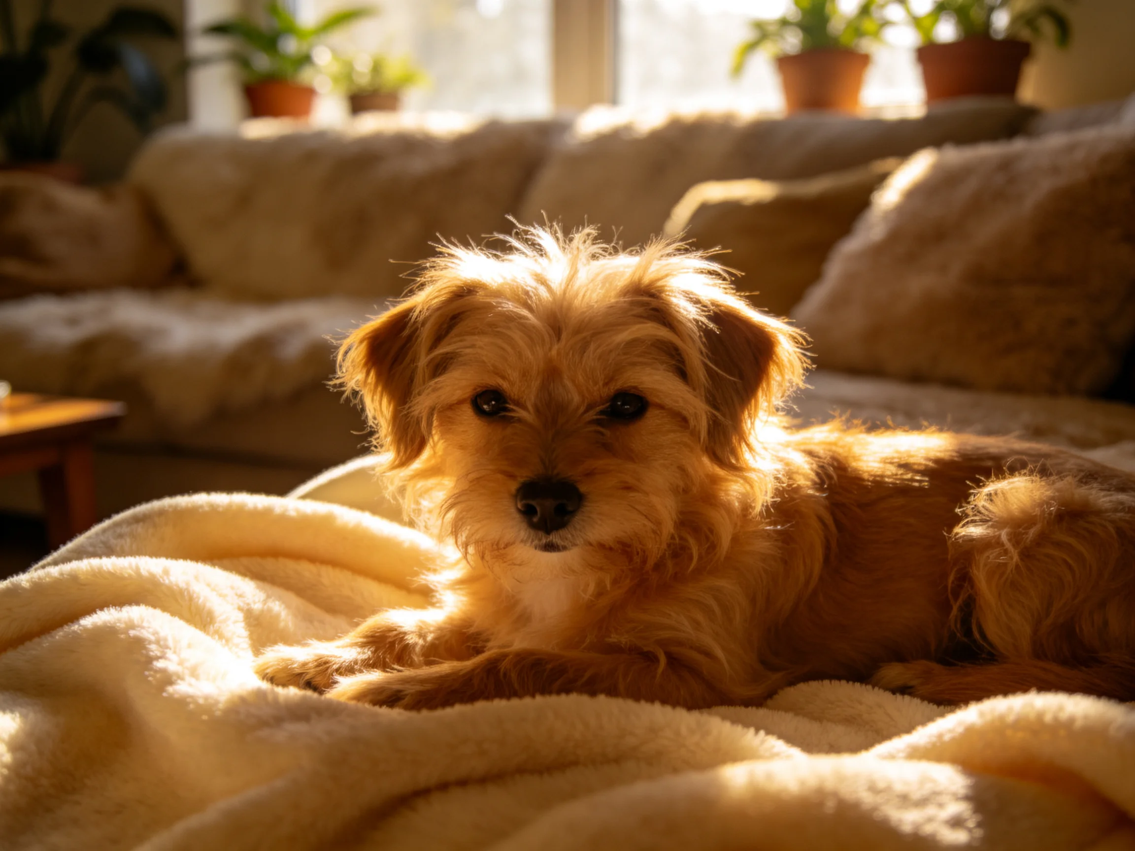 A small golden-brown dog relaxes on a cream blanket near plush sofas