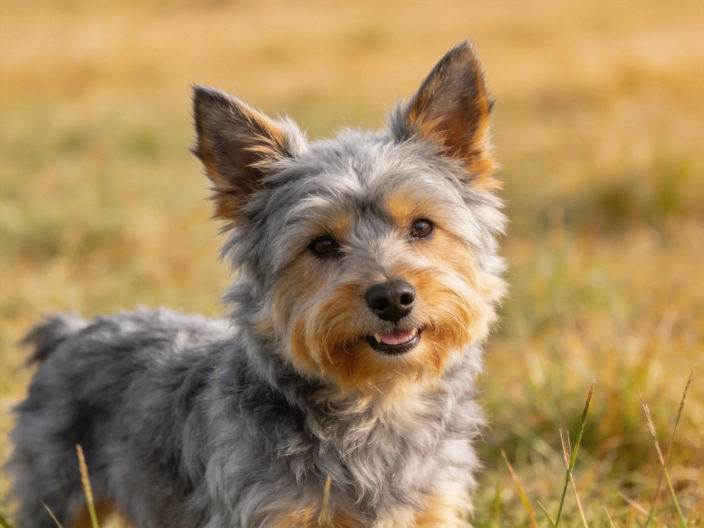 A small gray and tan dog stands alert in a sunlit grassy area.