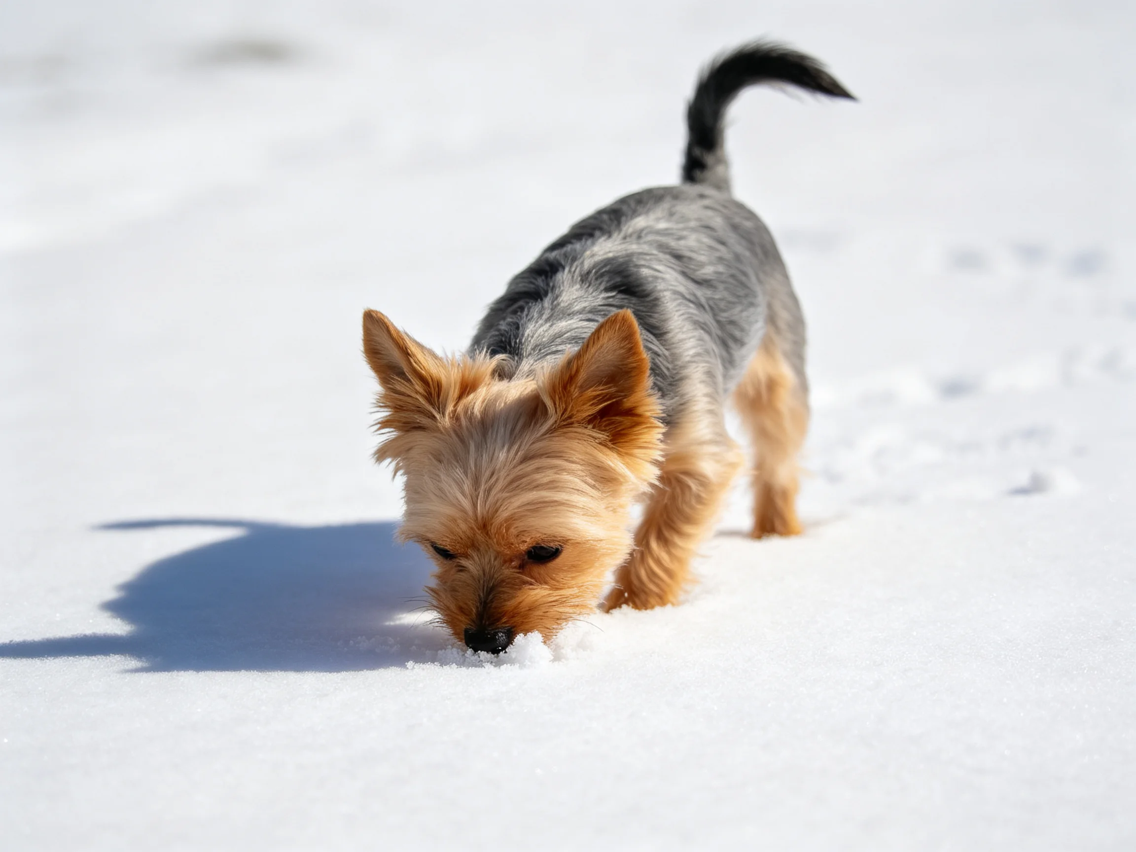 A small gray and tan terrier investigates fresh white snow