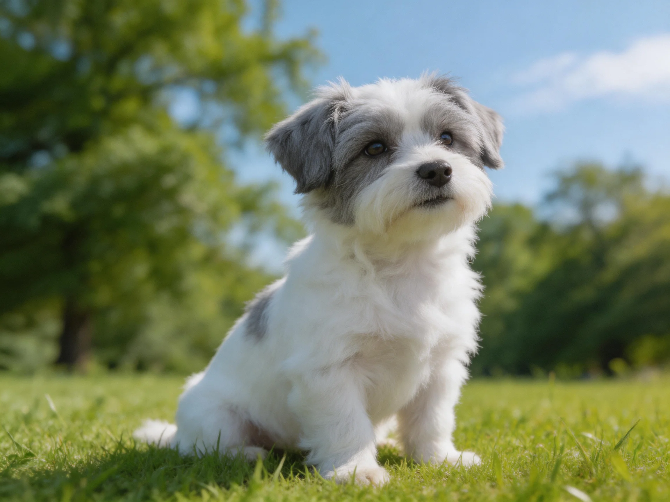 A small gray-and-white dog sits calmly on green grass in a sunlit outdoor setting.