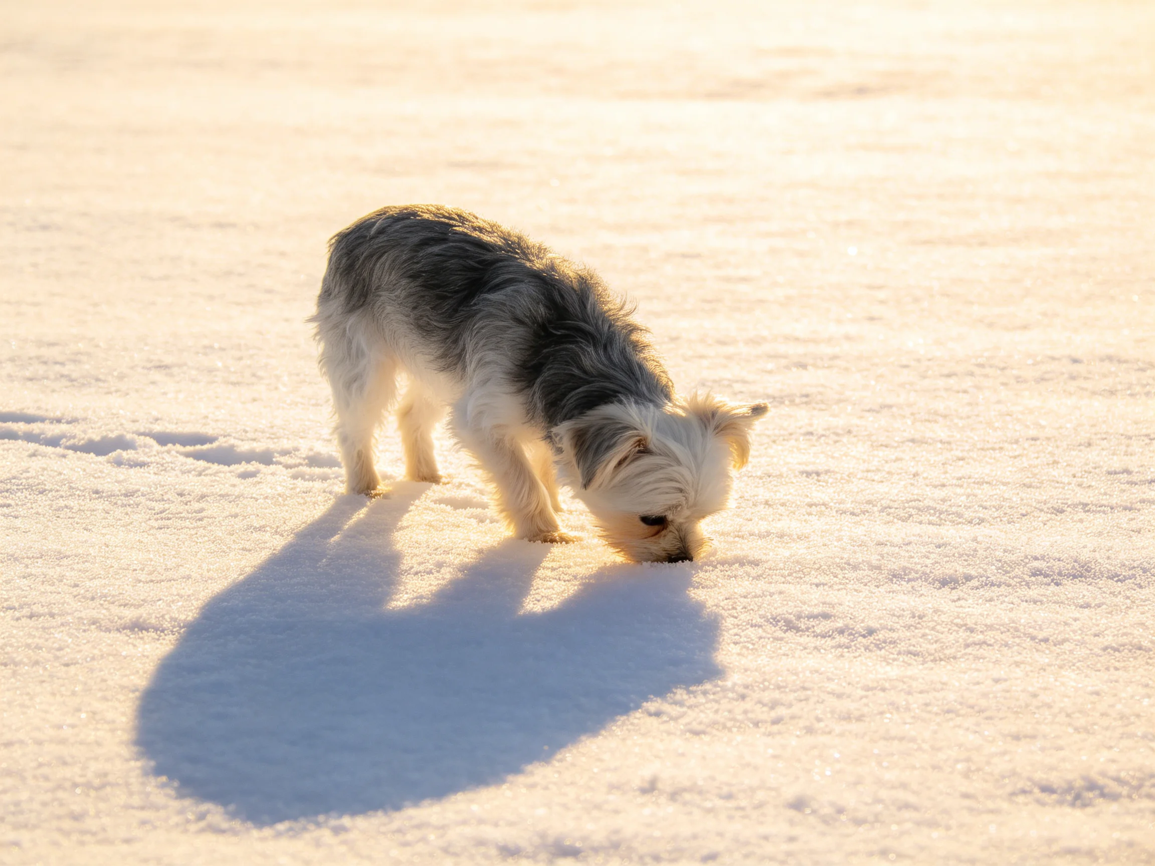 A small dog investigates the snow-covered surface under sunny conditions