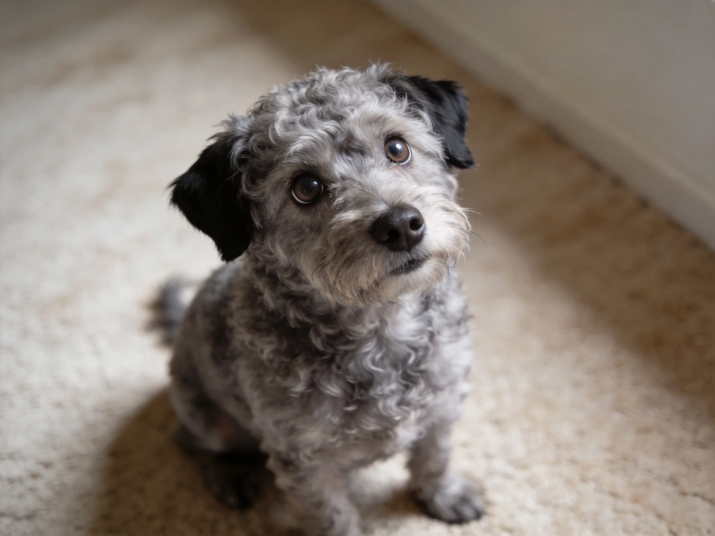 A small gray dog with black ears sits on a carpeted floor.