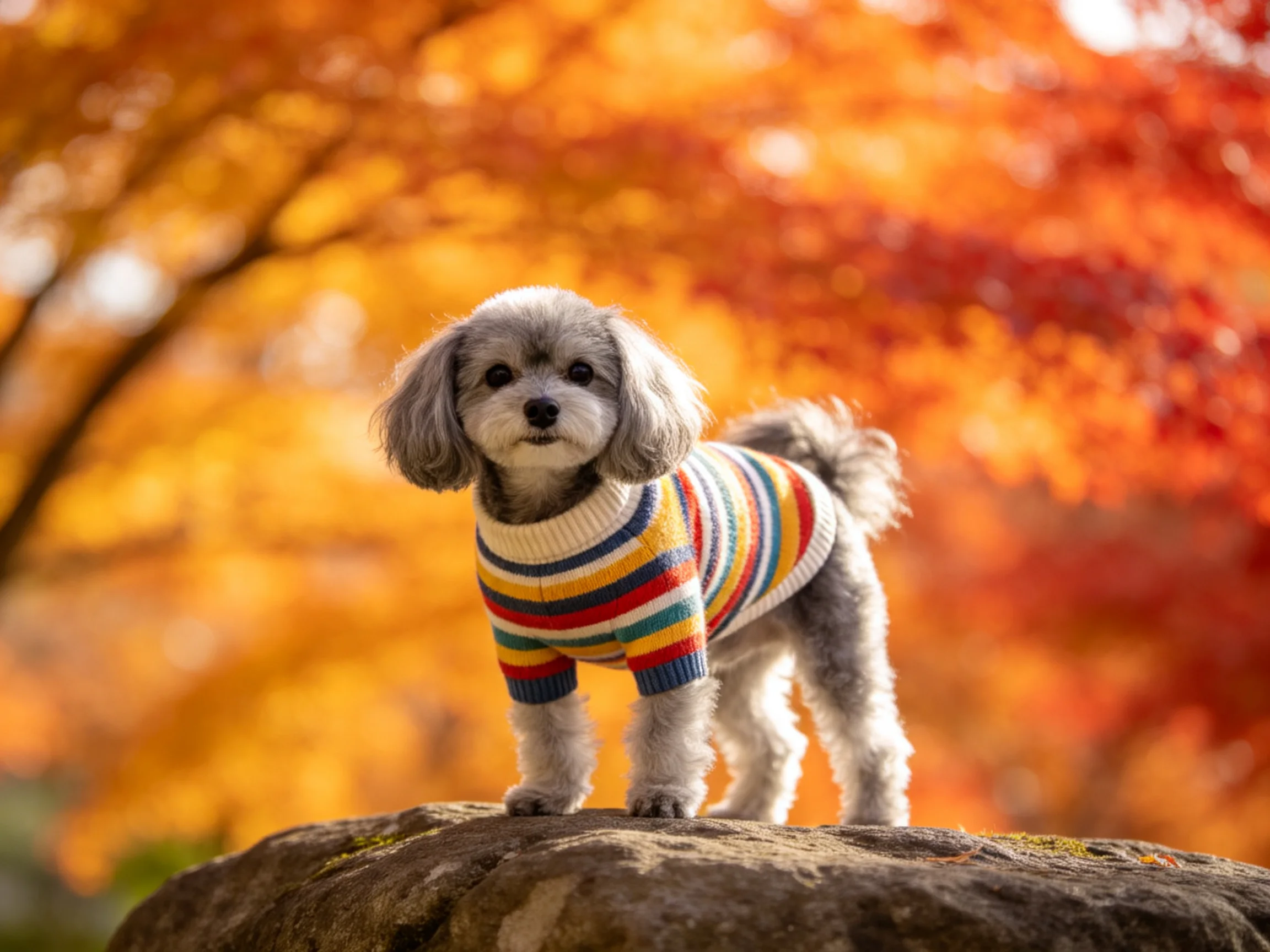 A small gray dog in a colorful striped sweater stands on a rock amid vibrant autumn foliage