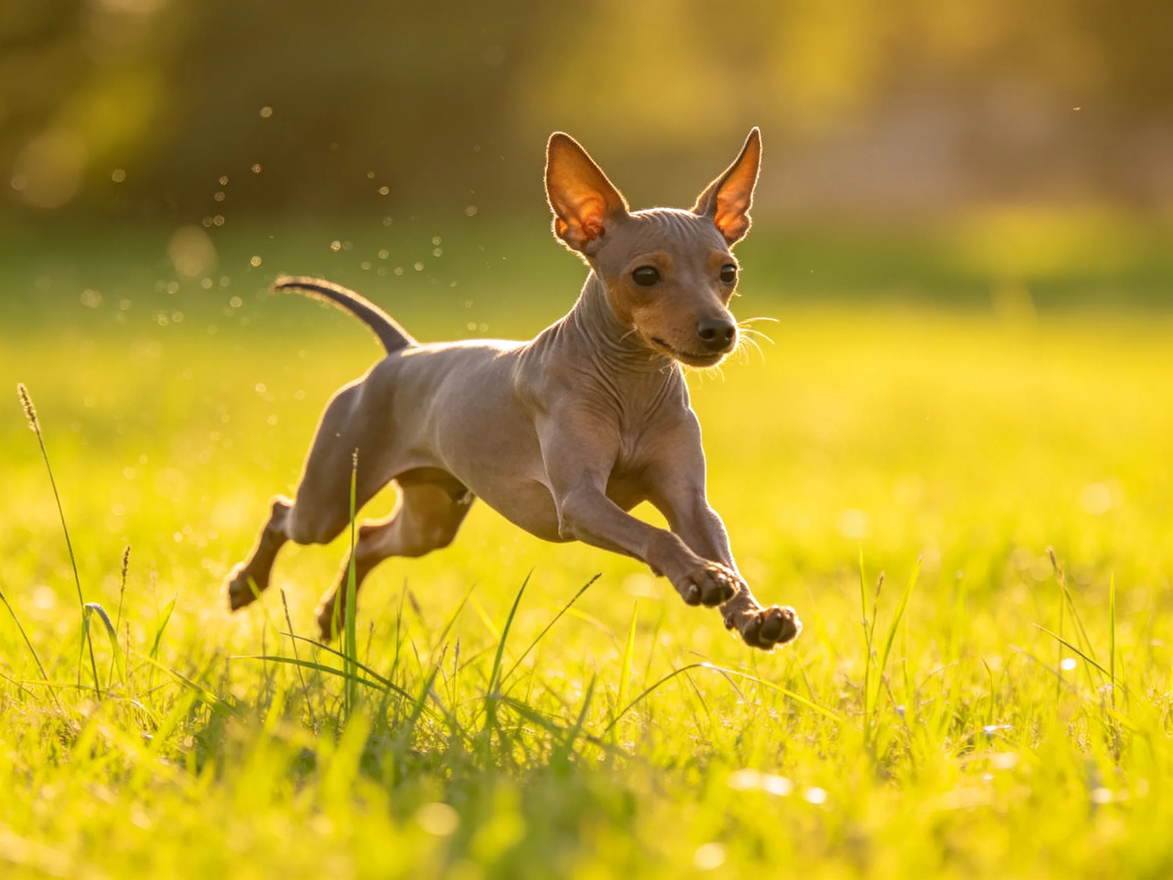 A small gray dog runs energetically through a sunlit green meadow.