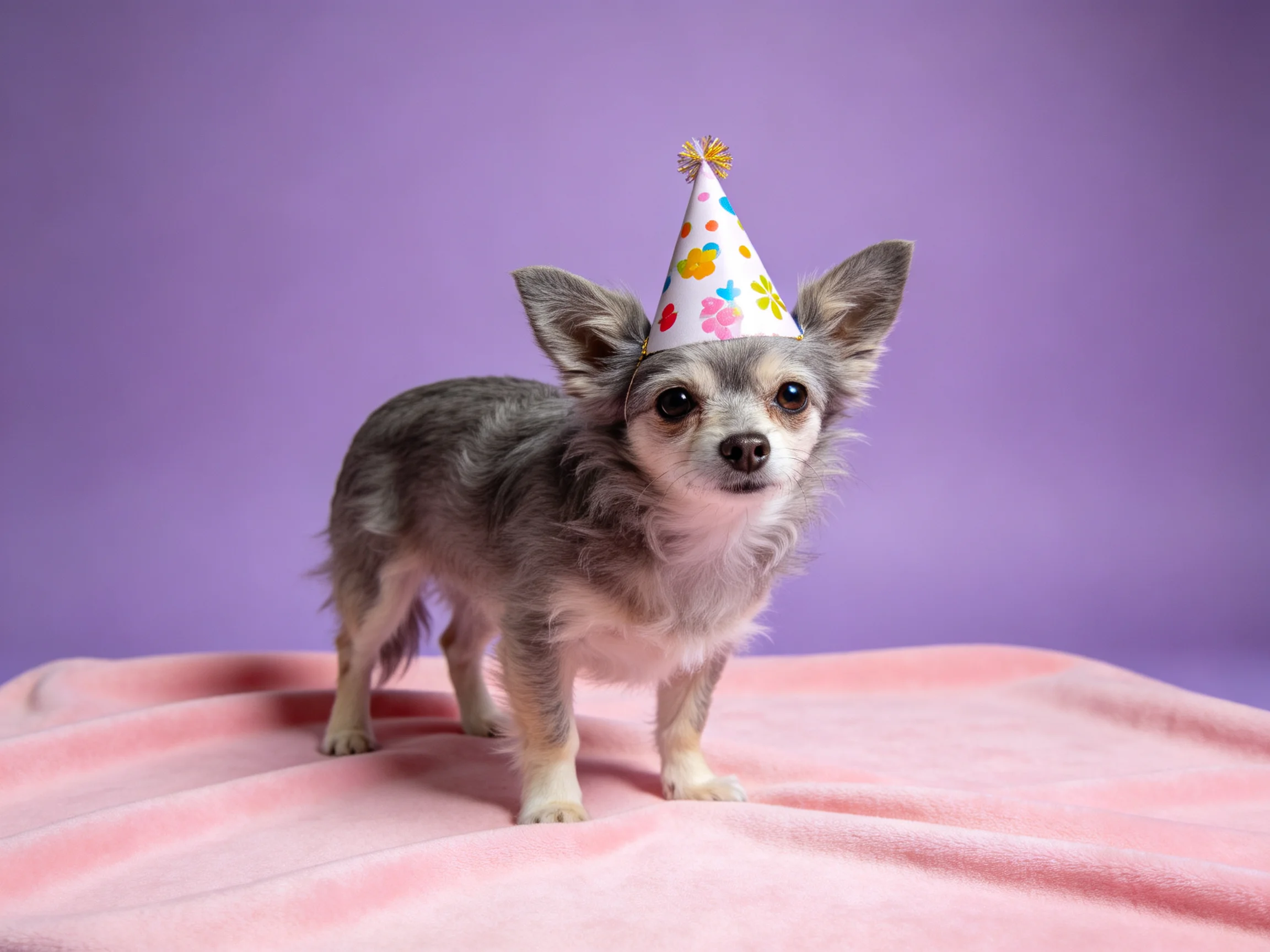 A small gray dog wears a colorful party hat on a pink blanket with a purple backdrop