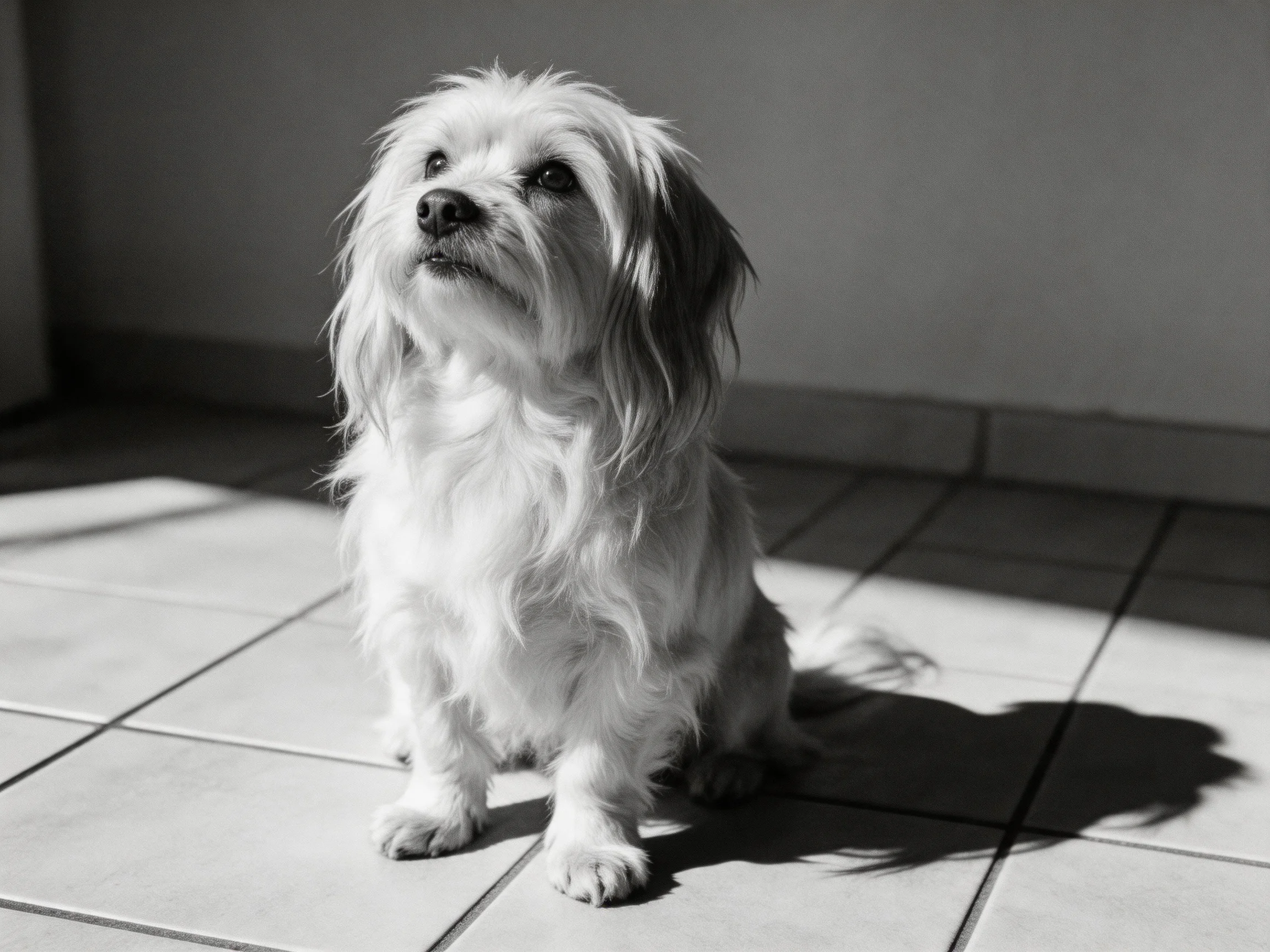A small long-haired dog sits on tiled flooring in monochrome lighting