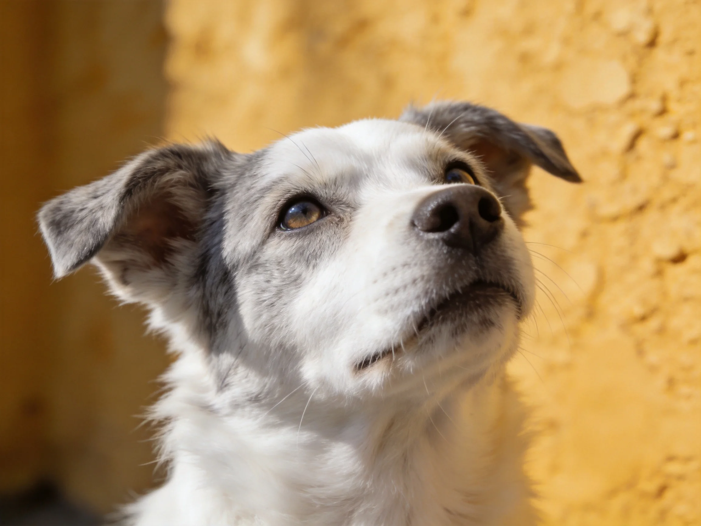 A small mixed-breed dog gazes upward near a textured yellow wall