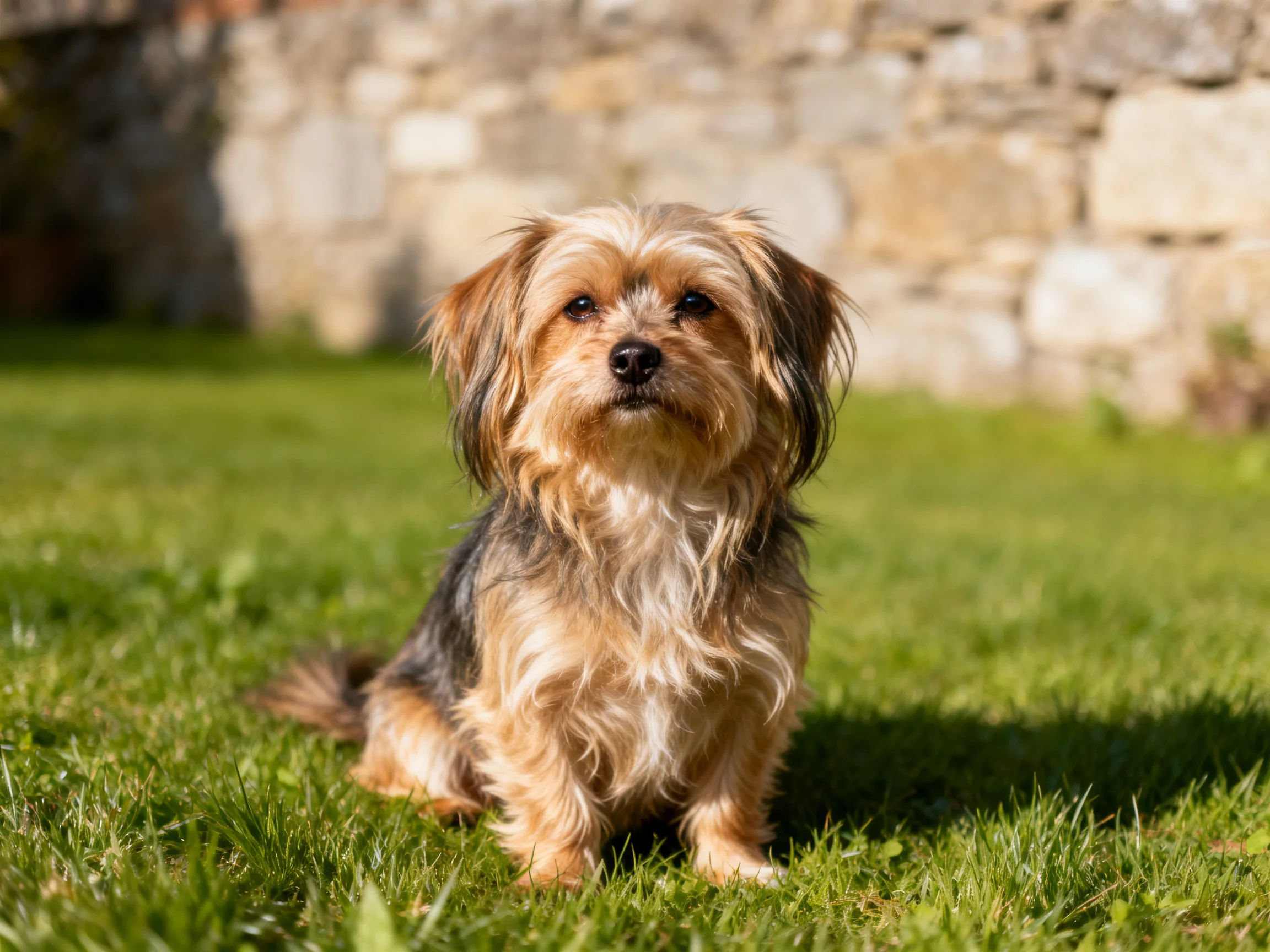 A small mixed-breed dog sits on lush green grass near a weathered stone wall