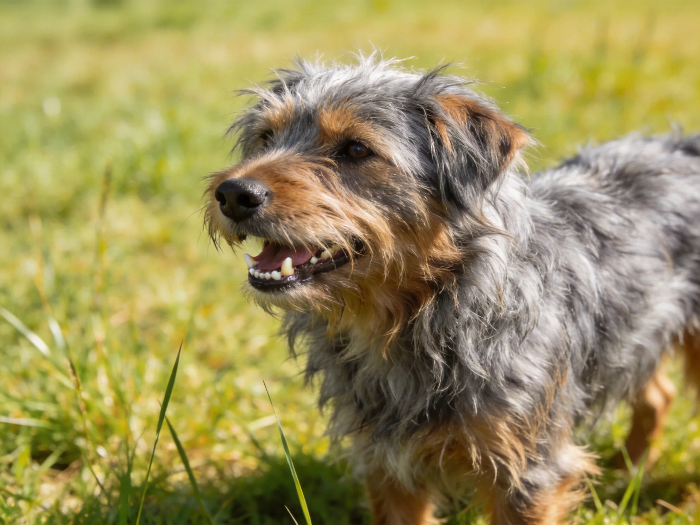 A small mixed-breed dog with gray and tan fur stands in a sunlit grassy field