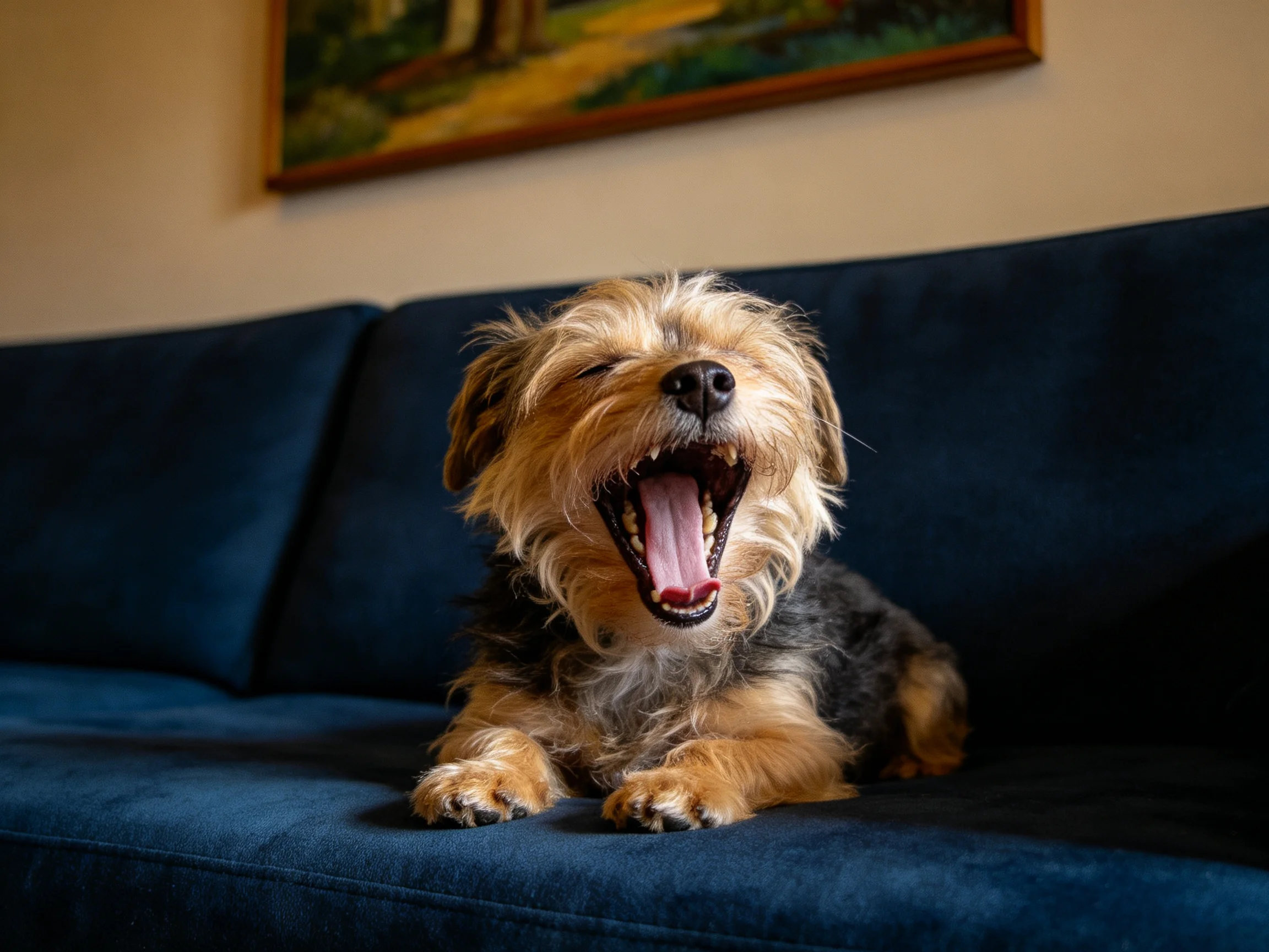 A small mixed-breed dog yawning on a dark blue couch