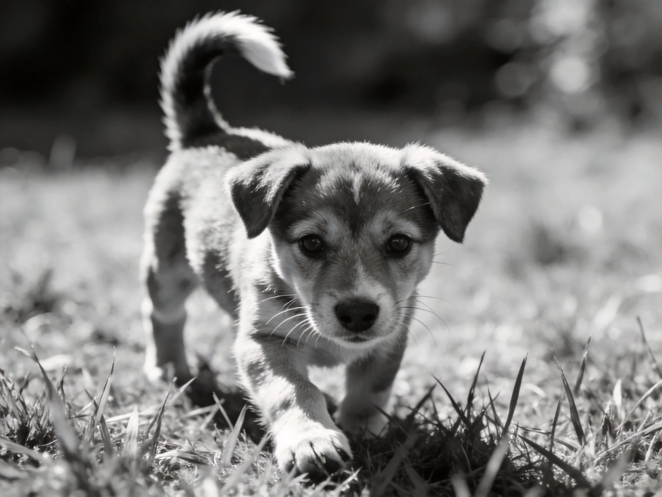 A small playful puppy exploring grassy terrain in black and white