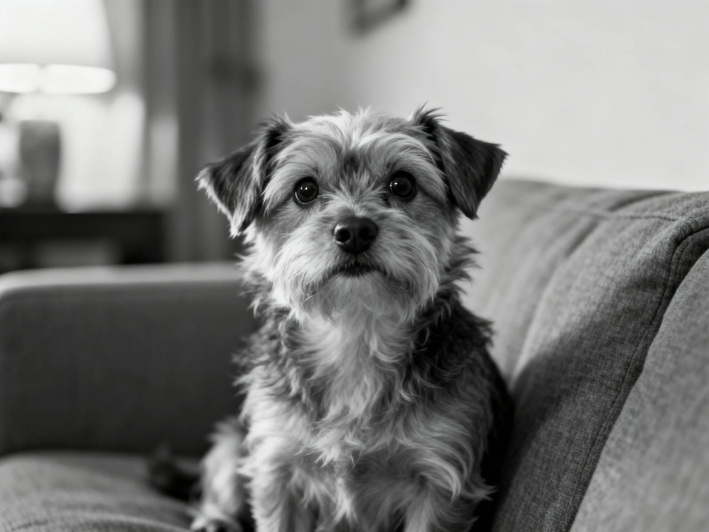 A small dog sits calmly on a couch in a softly lit indoor space.