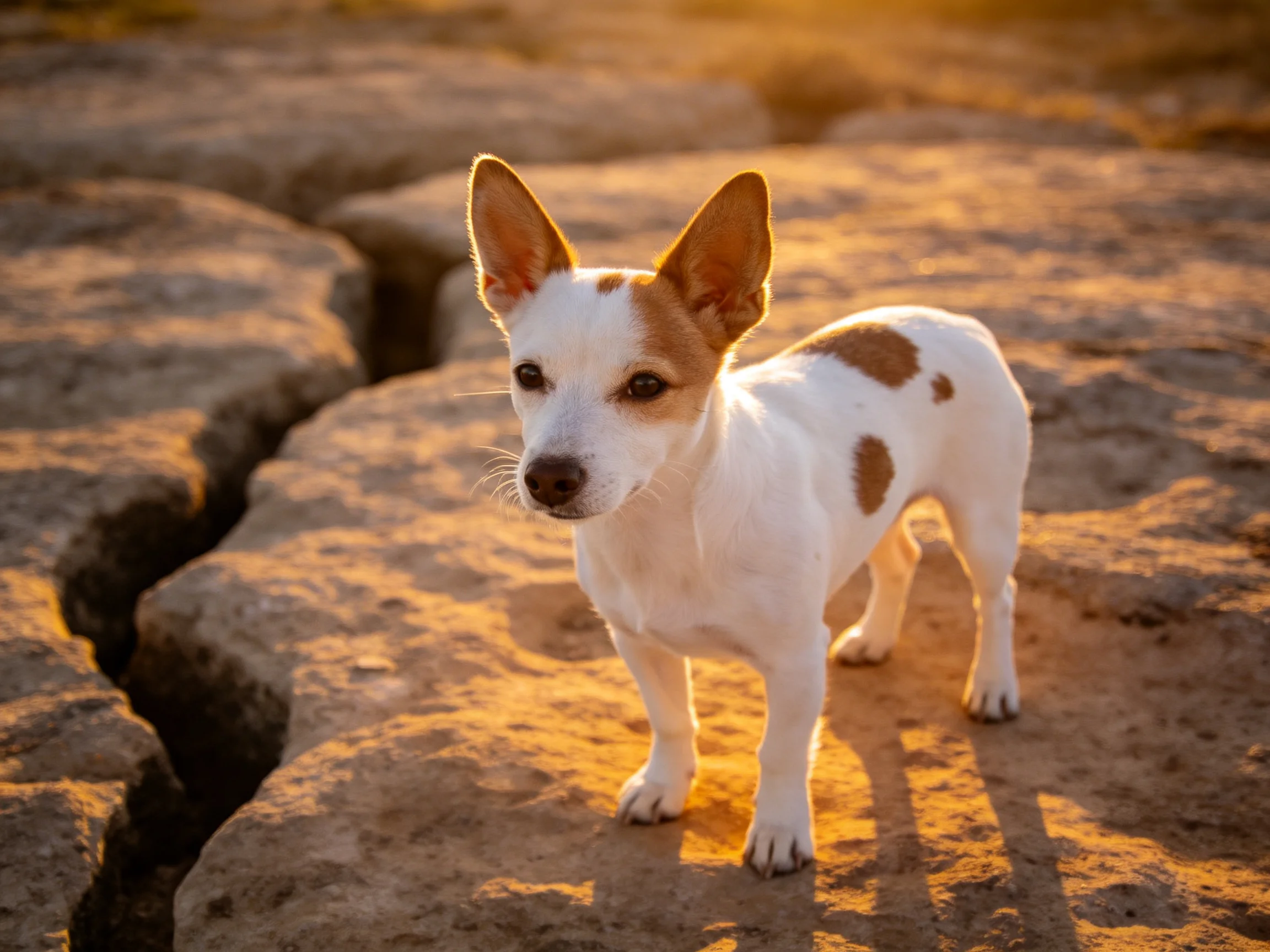 A small spotted dog stands on cracked earth bathed in golden light