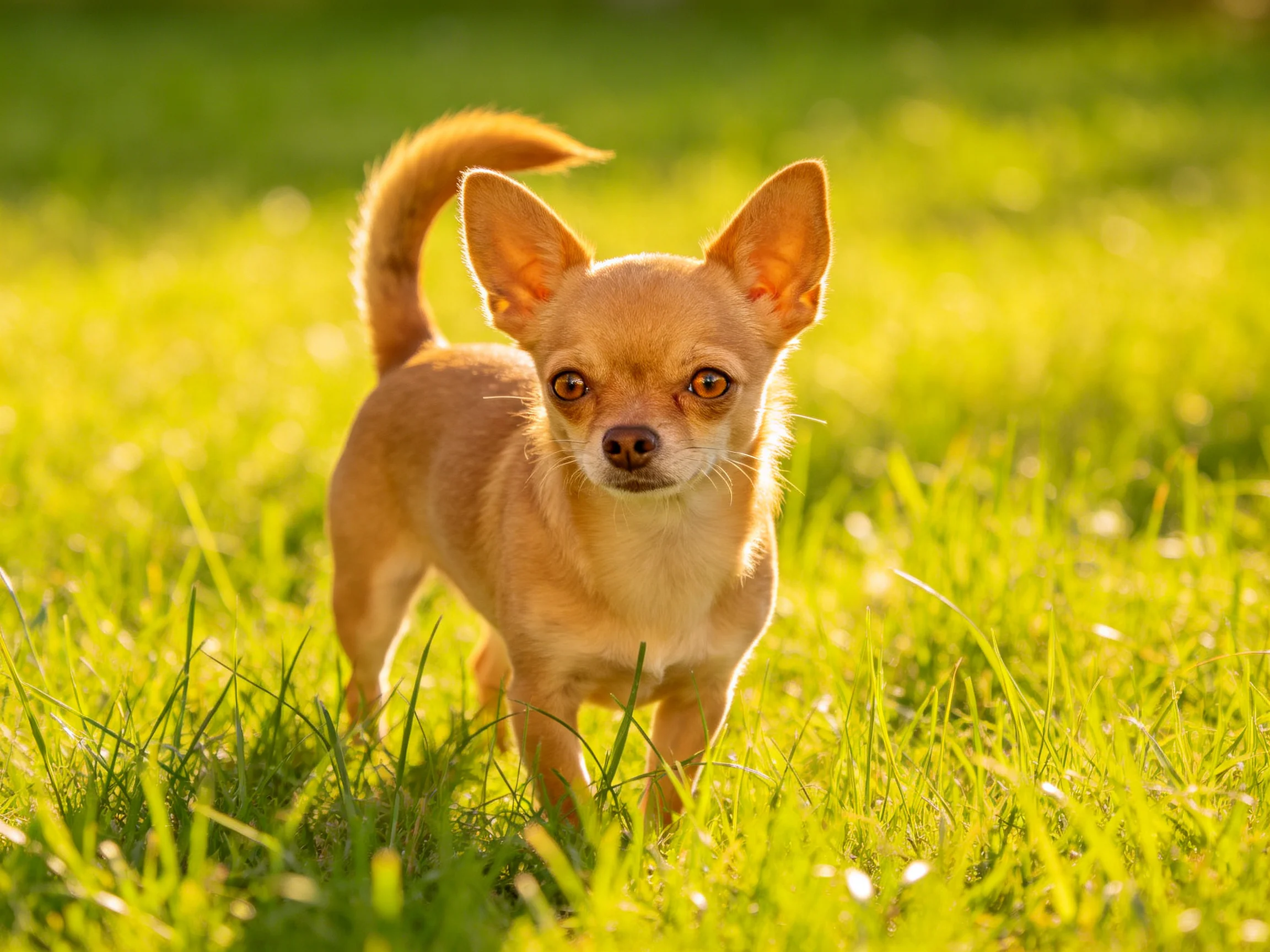 A small tan Chihuahua explores lush green grass