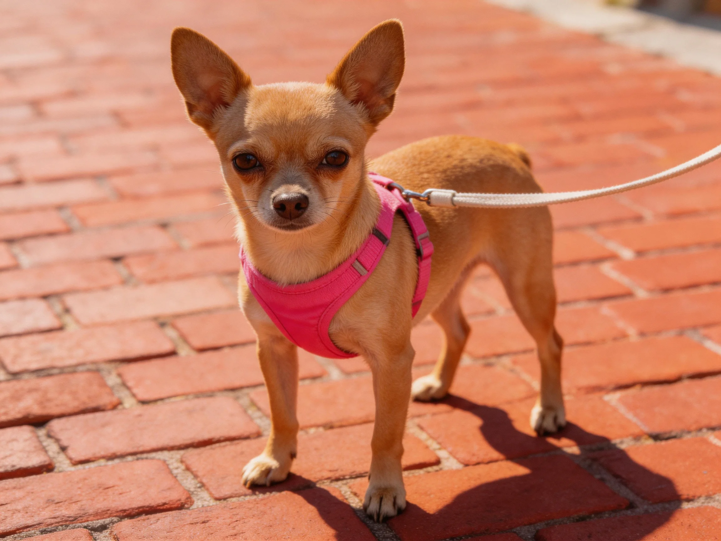 A small tan Chihuahua in a bright pink harness on a brick walkway