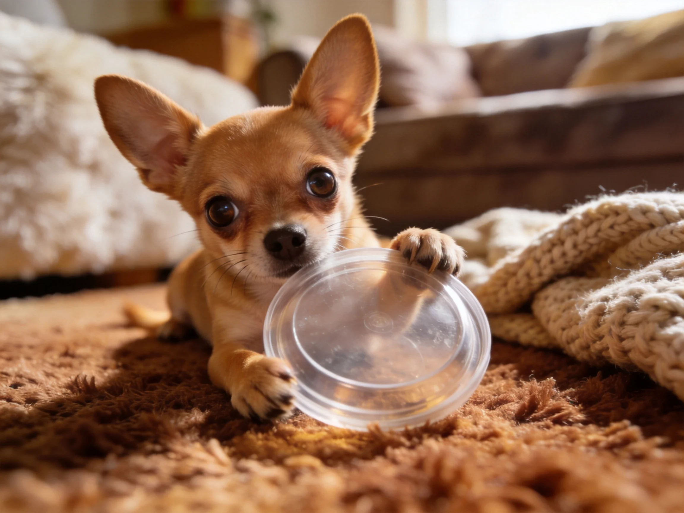 A small tan Chihuahua plays with a clear plastic lid on a brown rug