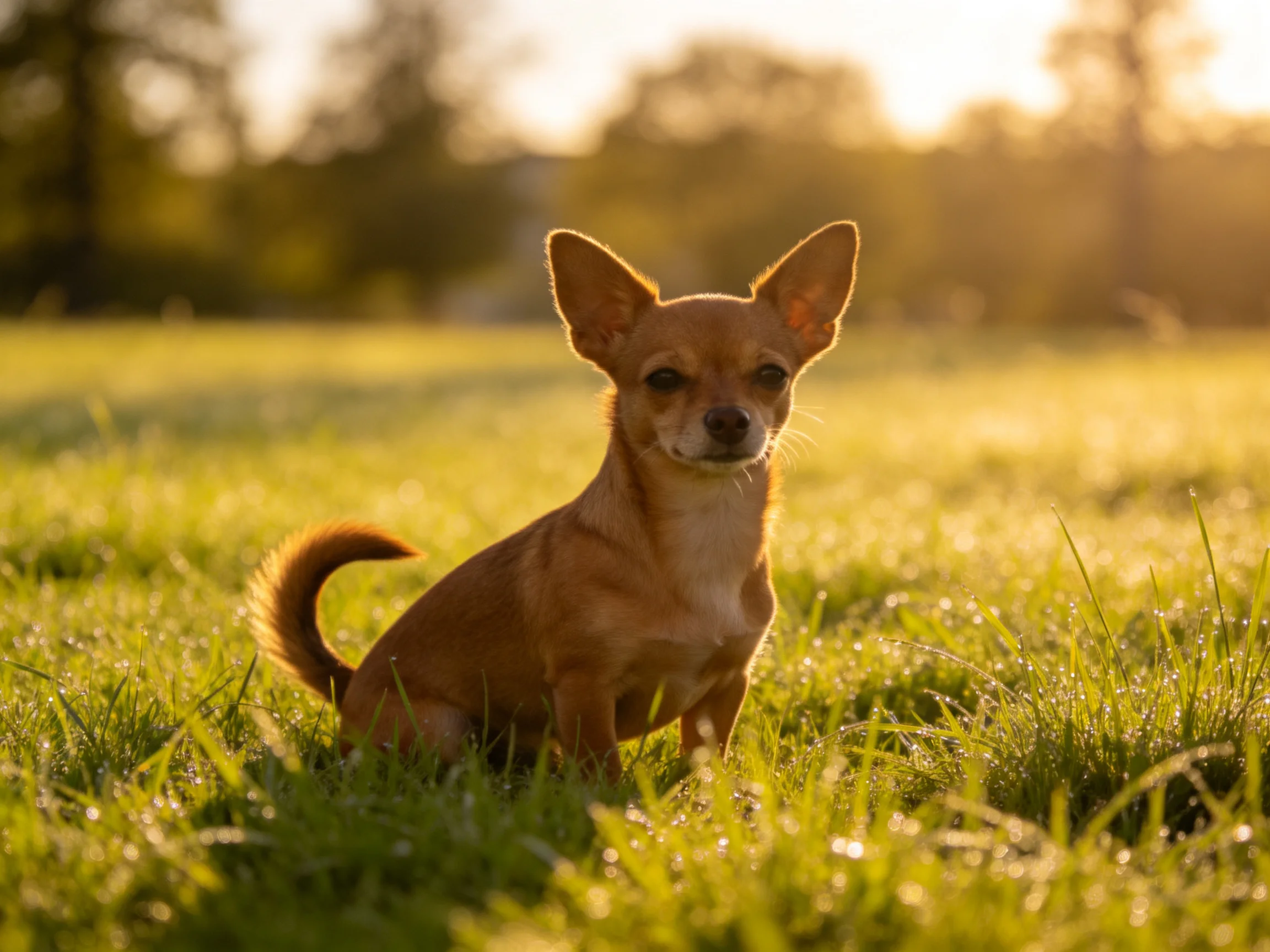 A small tan Chihuahua sits in sun-drenched green grass