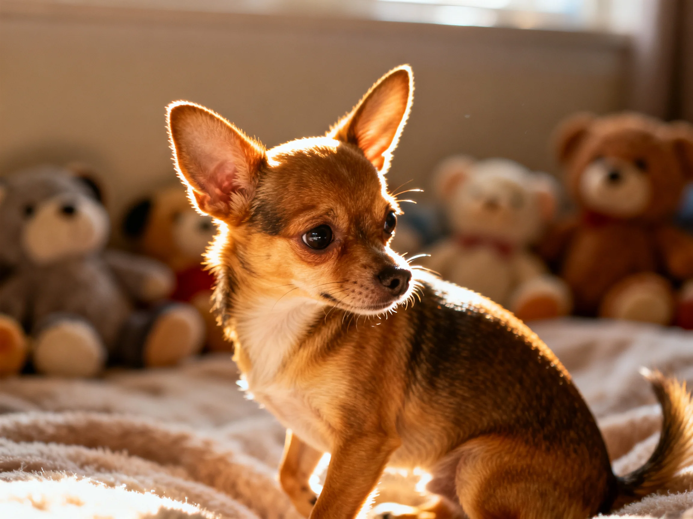 A small tan Chihuahua sits near stuffed toys on a soft blanket