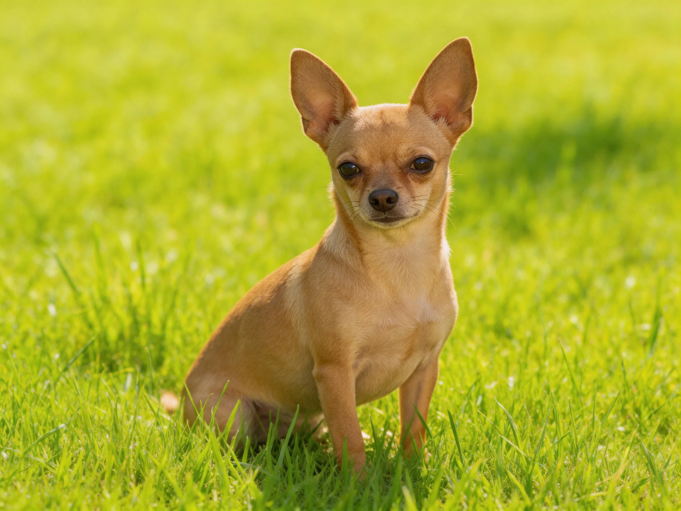 A small tan Chihuahua sits on vibrant green grass