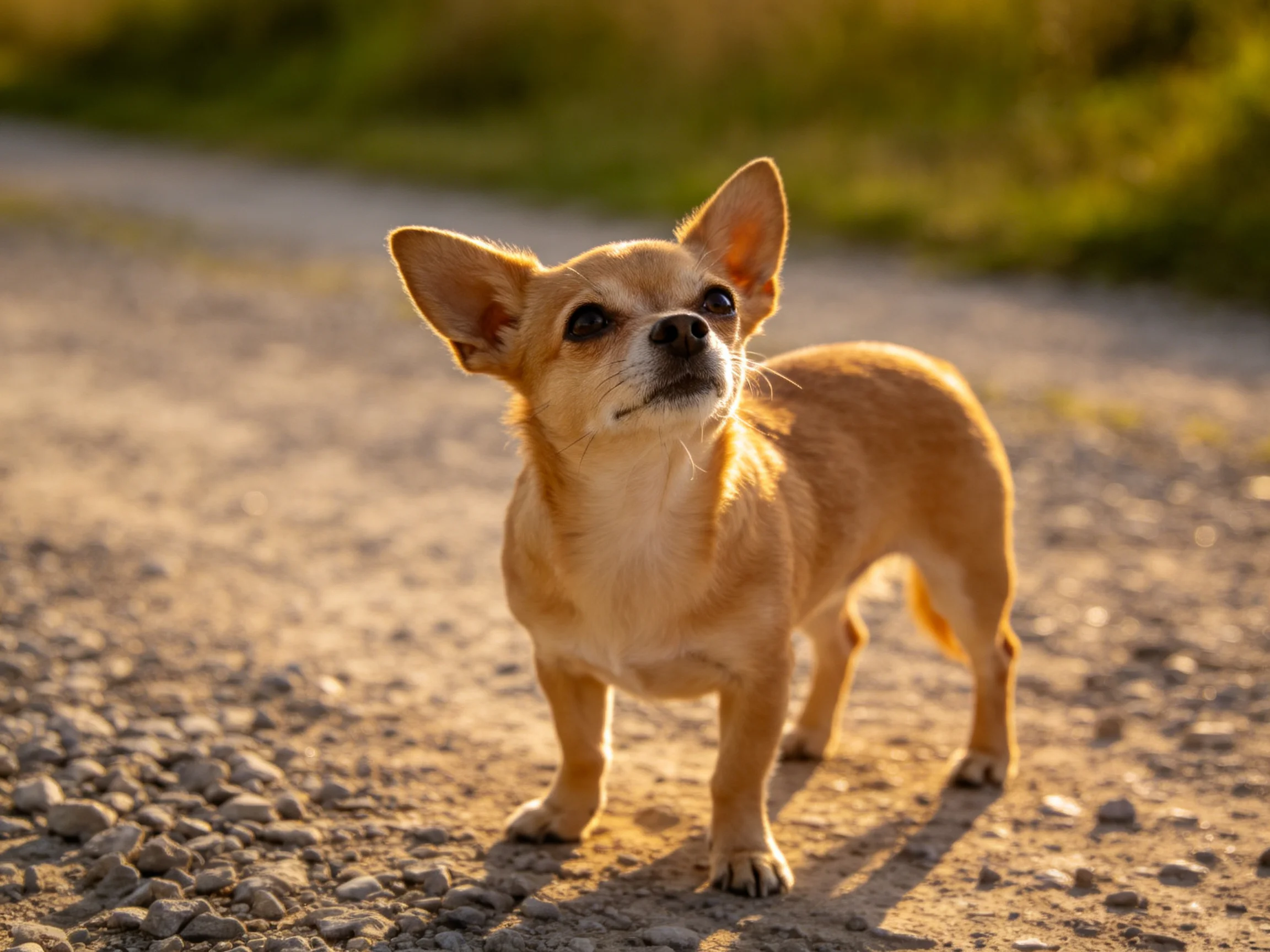 A small tan Chihuahua stands alert on a sunlit gravel path