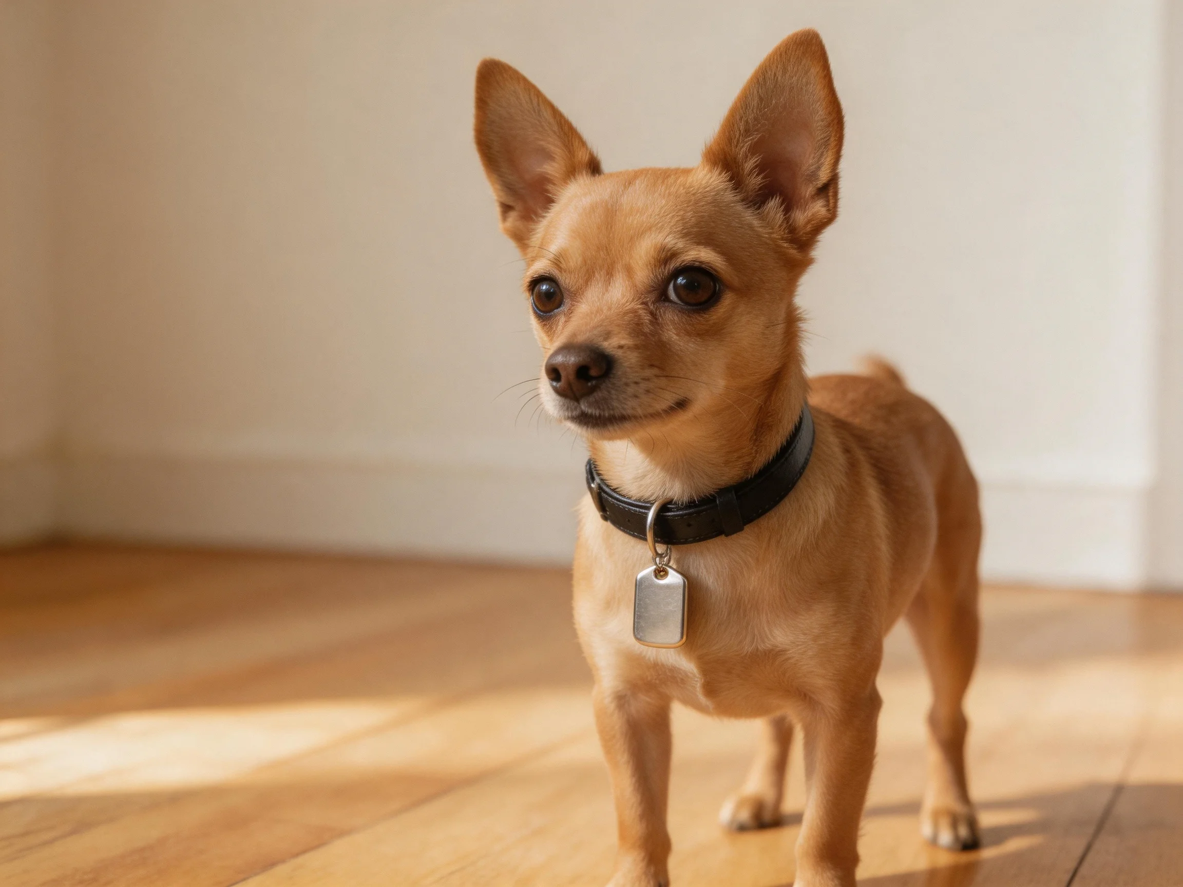 A small tan Chihuahua stands on a wooden floor near a white wall