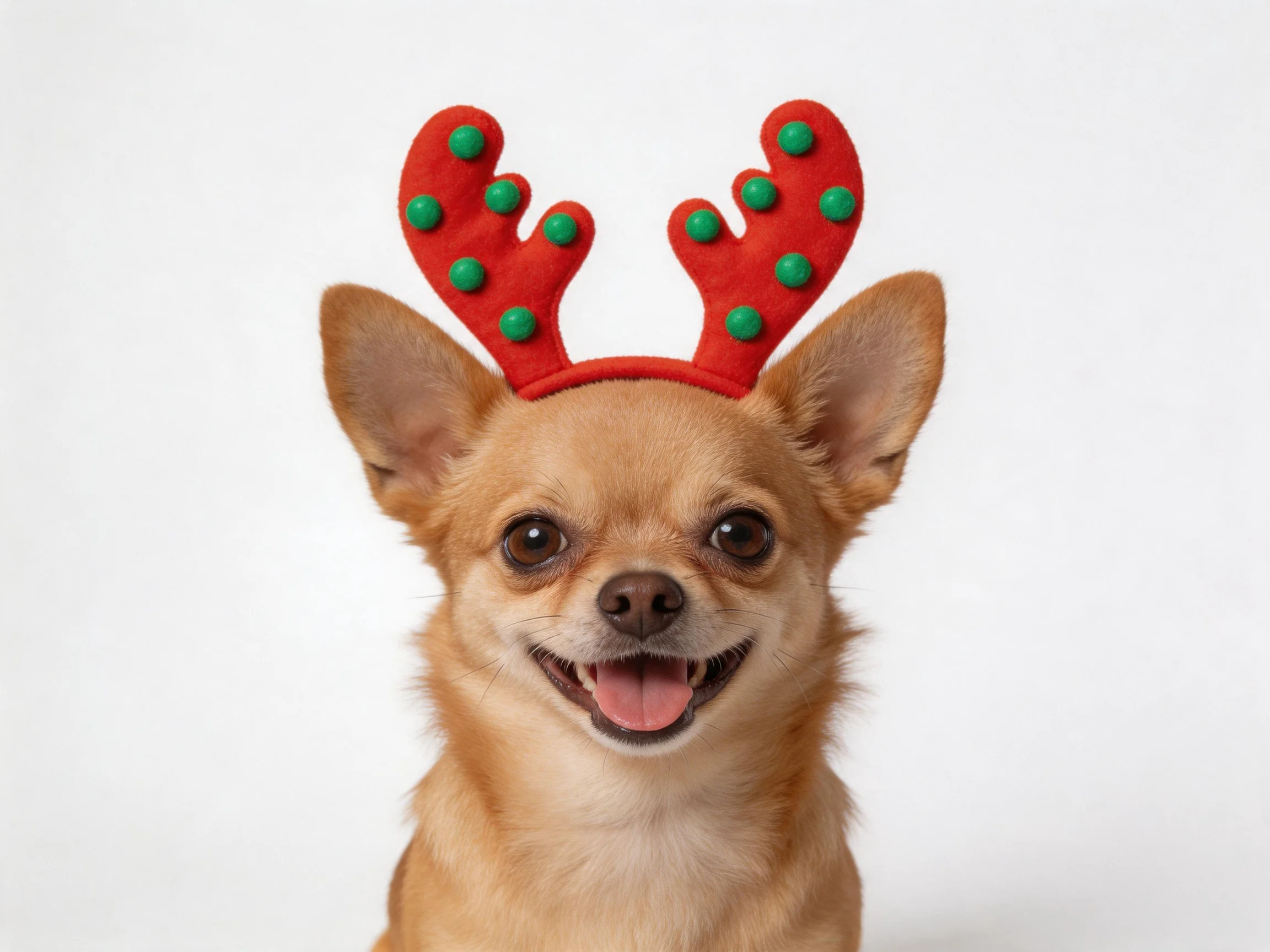 A small tan Chihuahua wearing red reindeer antler headband with green spots