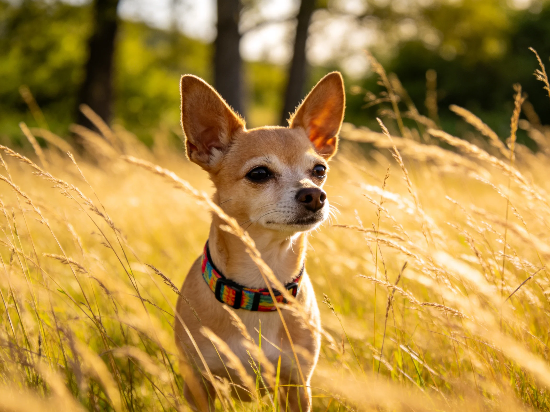 A small tan Chihuahua with a colorful collar sits among tall golden grasses in a sunlit field