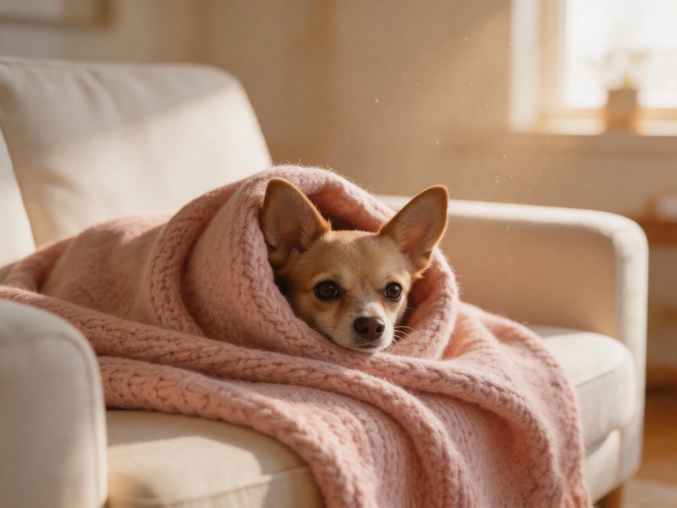 A small tan Chihuahua wrapped in a pink blanket on a cream sofa