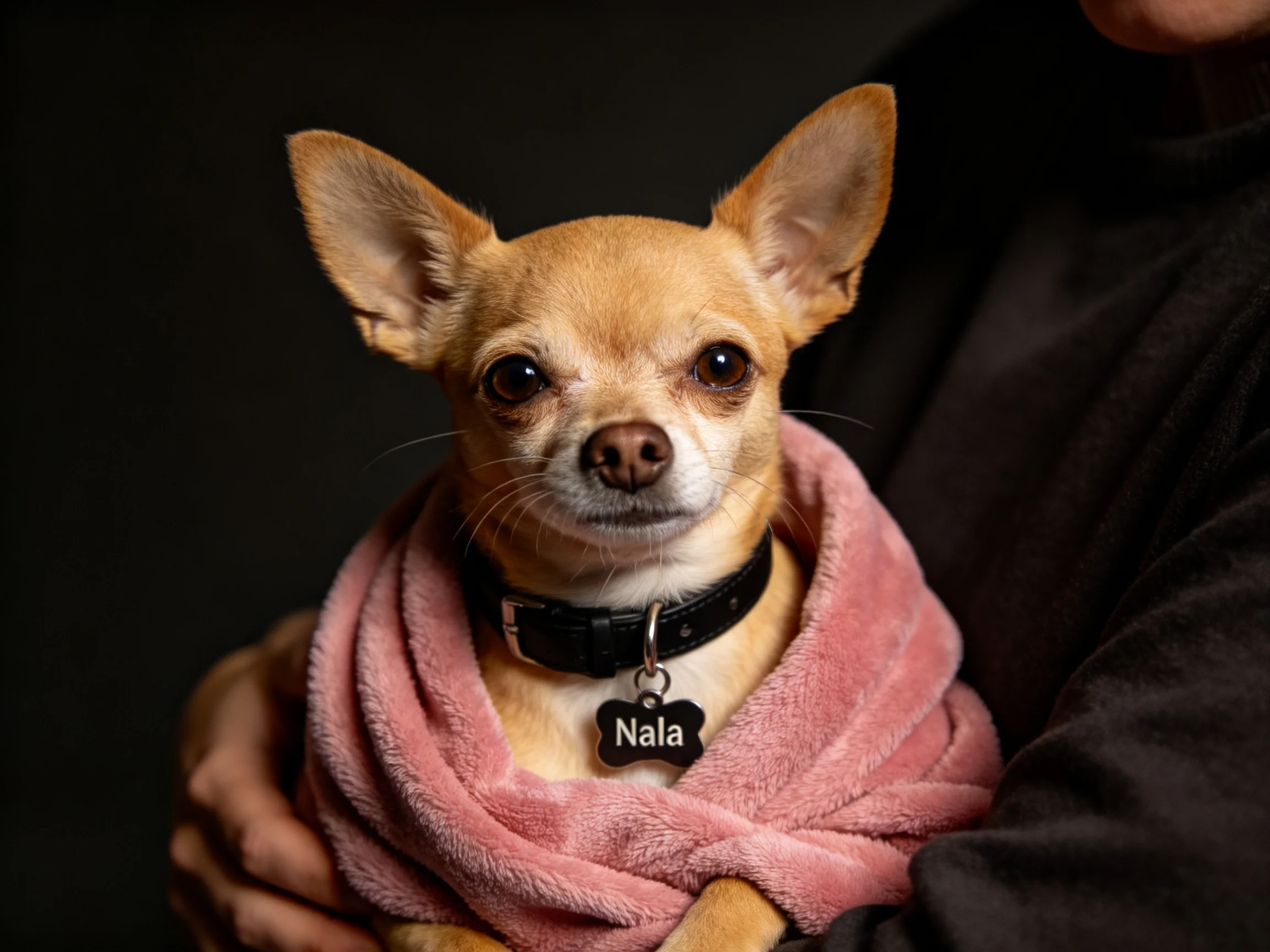 A small tan Chihuahua wrapped in pink fabric with a black collar