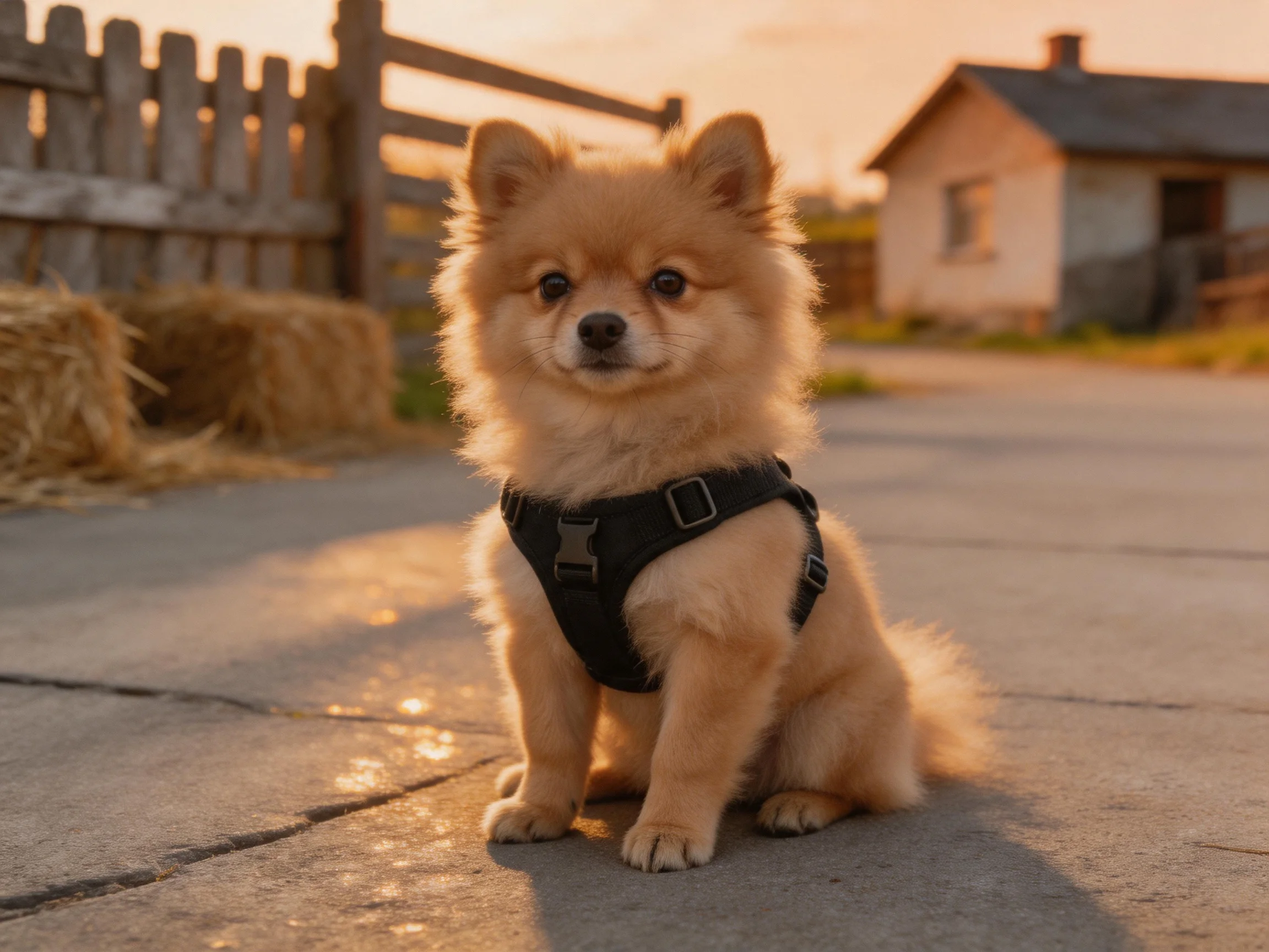 A small tan Pomeranian in a black harness sits outdoors at sunset
