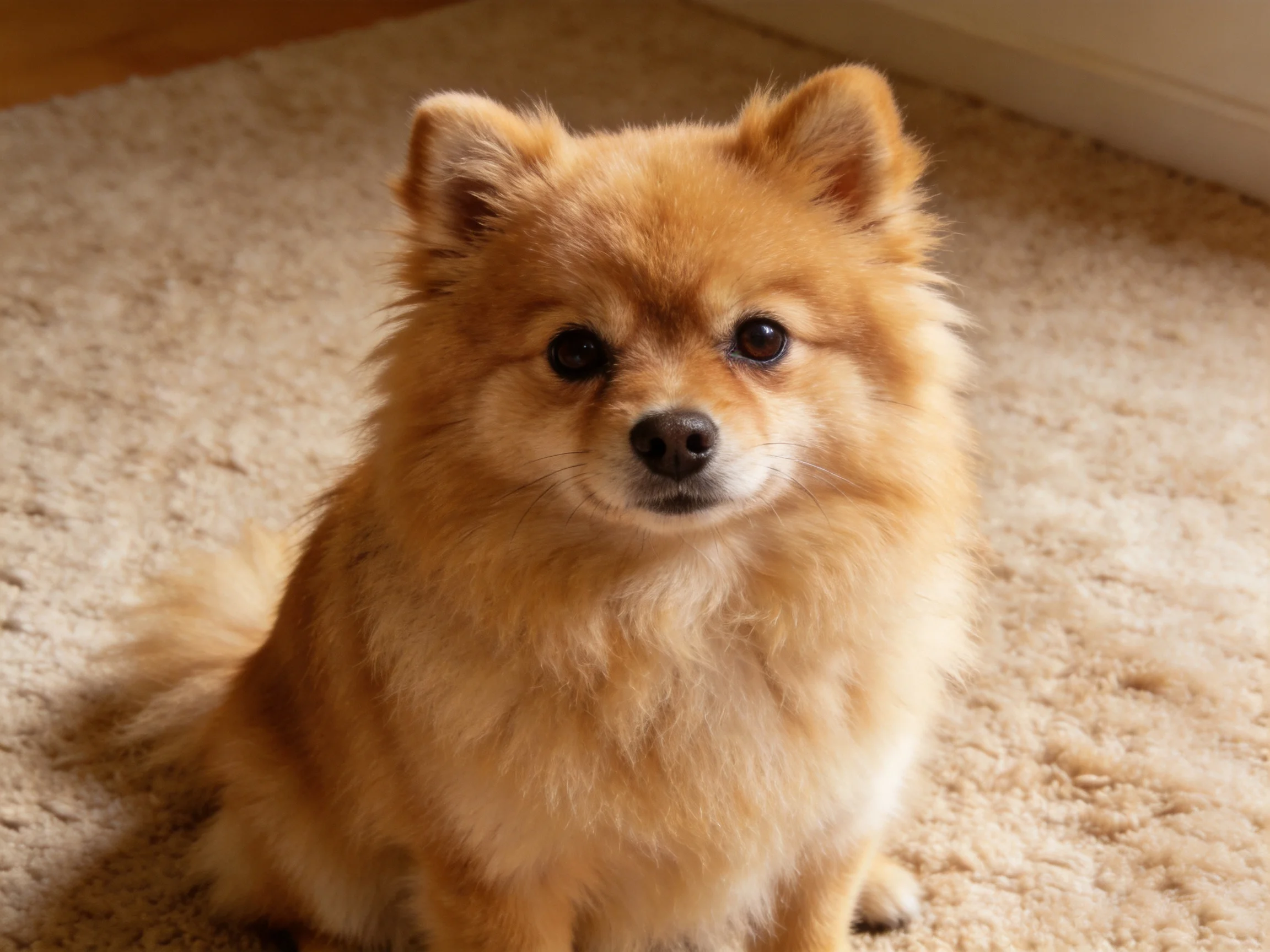 A small tan Pomeranian sits on a plush beige carpet