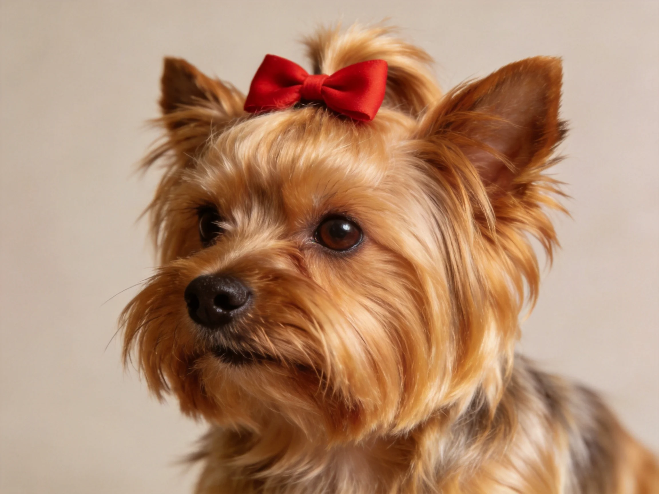 A small tan Yorkshire Terrier with a bright red bow on its head